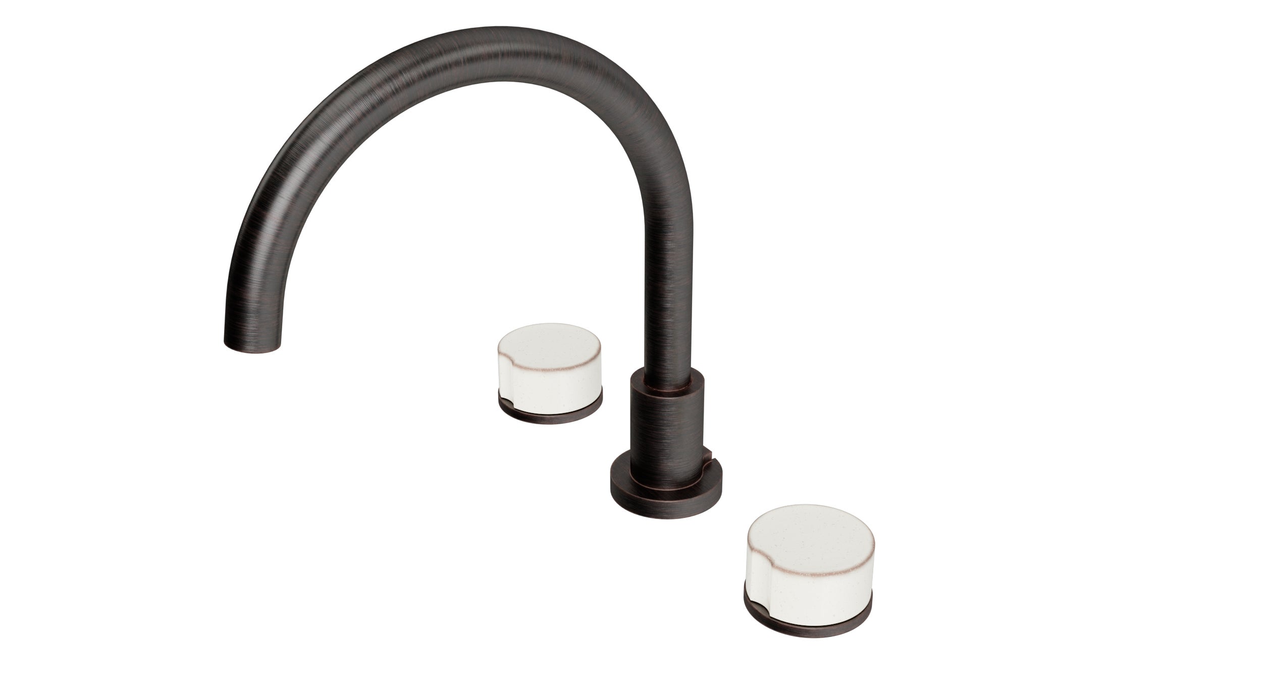 Foundry Two Handle Deck Mount Gooseneck Bath Trim with Groove Ceramic Knob Handles in Antique Bronze
