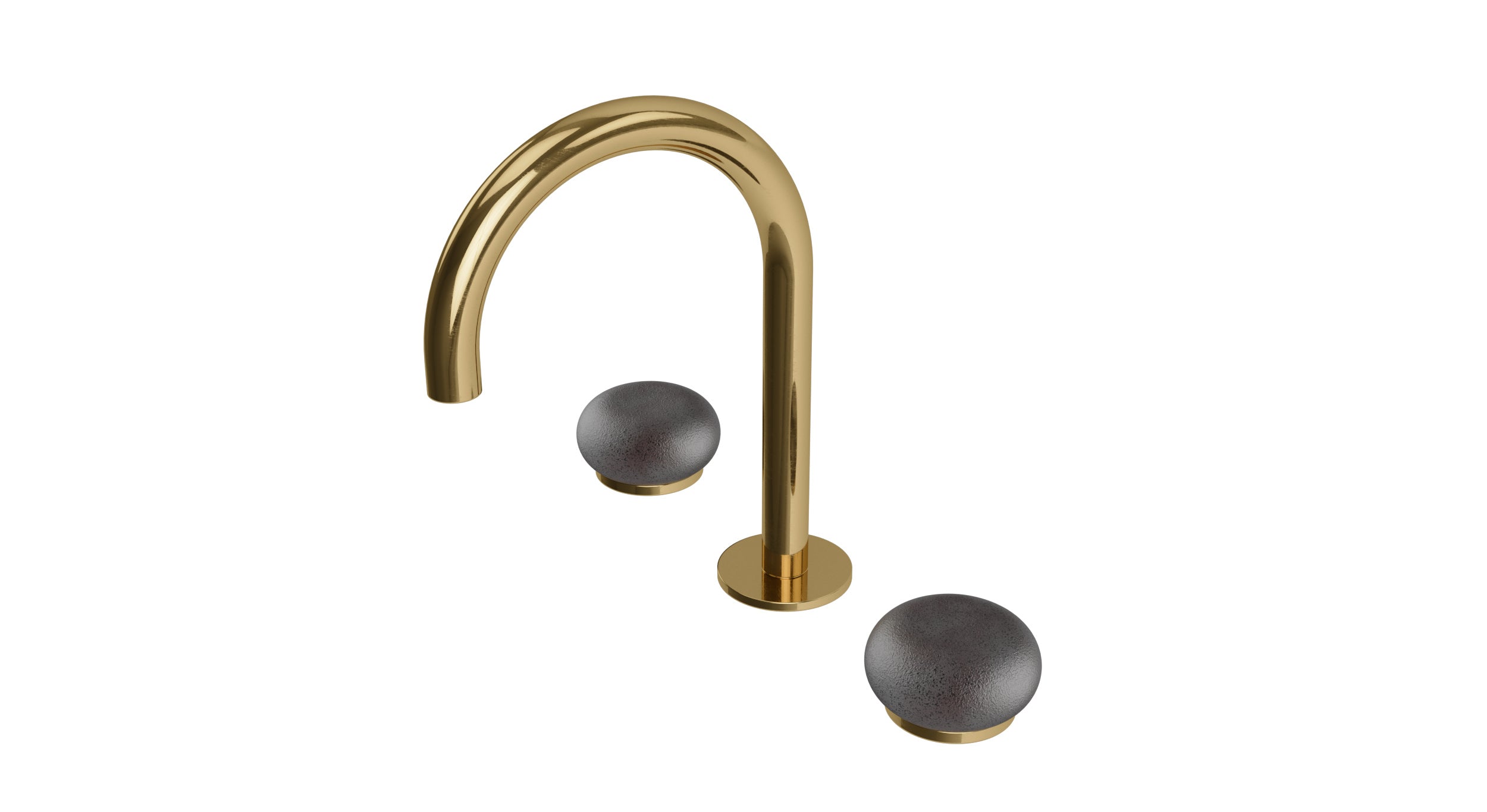 Foundry Two Handle Deck Mount Gooseneck Lavatory Faucet with Pebble Ceramic Knob Handles in Uncoated Polished Brass