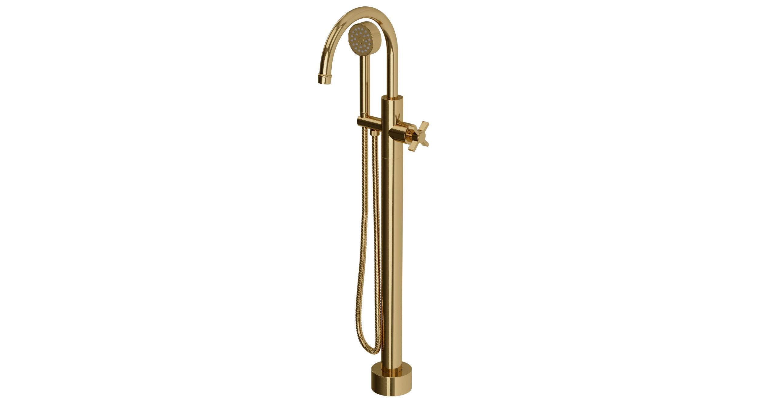 Emerson One Handle Floor Mount Gooseneck Bath Trim with Hand Shower and Defined Cross Handle in Uncoated Polished Brass