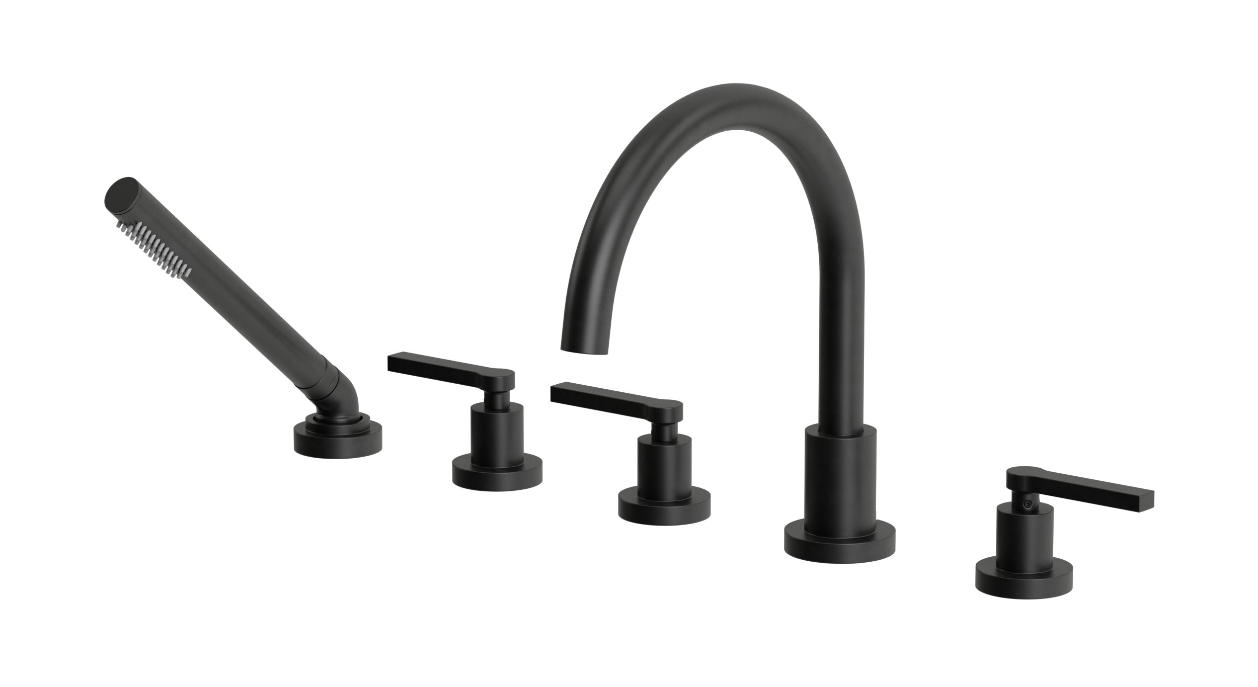Flatiron Three Handle Deck Mount Gooseneck Bath Trim with Hand Shower and Linear Lever Handles in Oil Rubbed Bronze