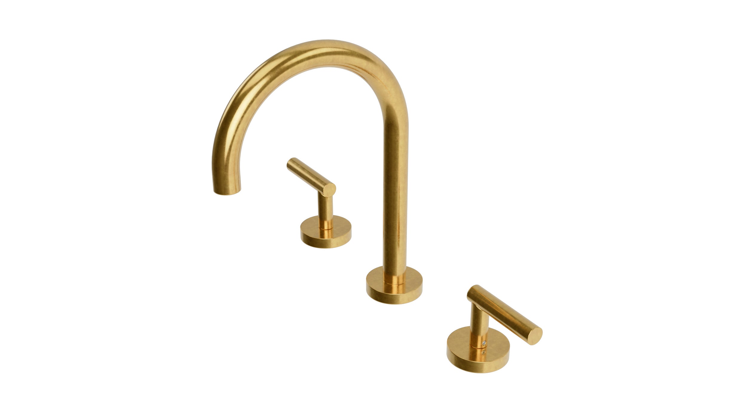 Contour Two Handle Deck Mount Gooseneck Lavatory Faucet with Soft Lever Handles in French Brass