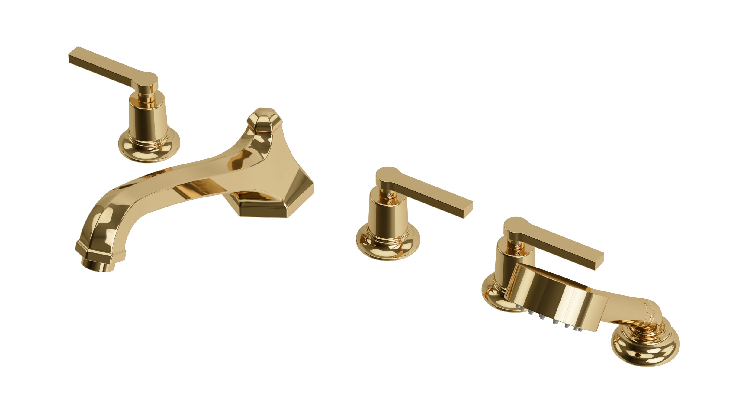 Emerson Three Handle Deck Mount Low Hexagon Bath Trim with Hand Shower and Classic Lever Handles in Polished Brass