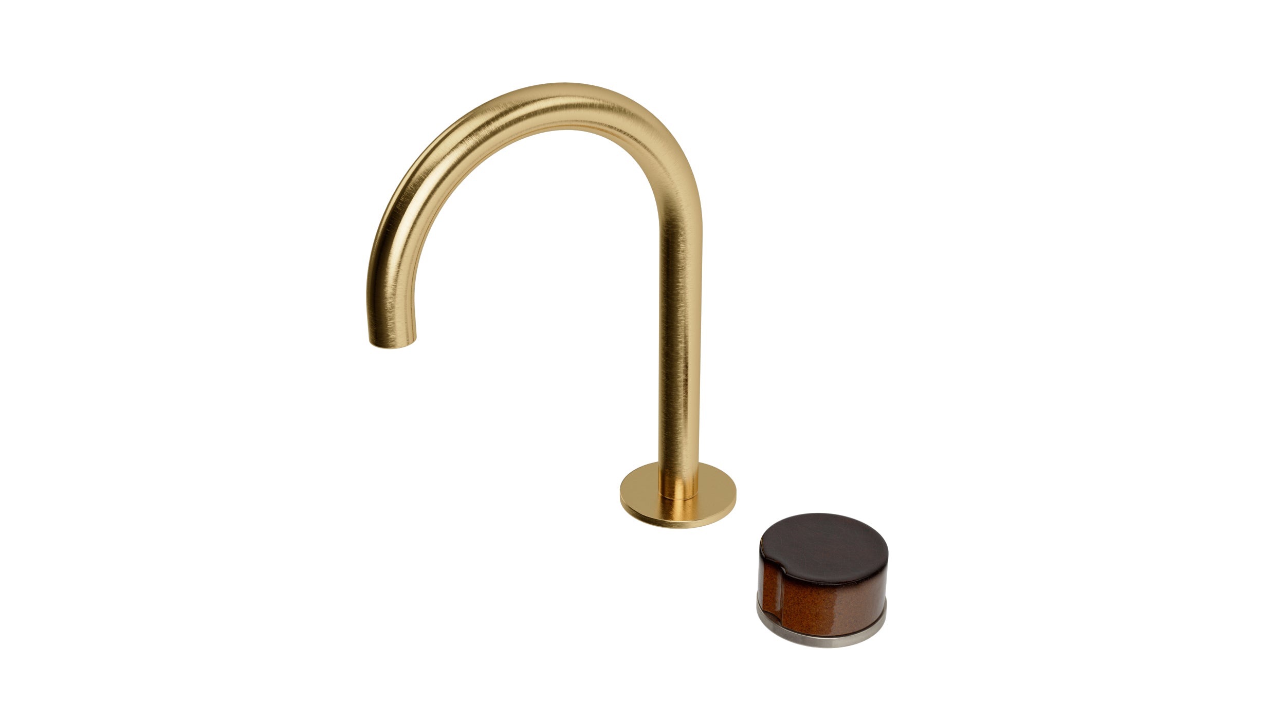 Foundry One Handle Deck Mount Gooseneck Lavatory Faucet with Groove Ceramic Knob Handle in Satin Brass