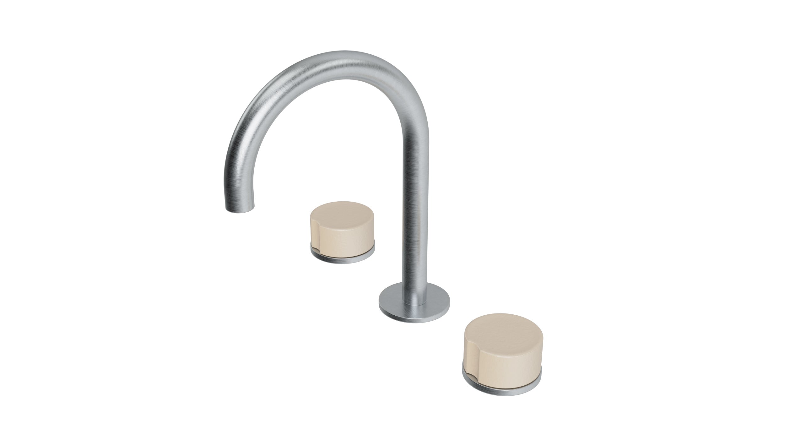 Foundry Two Handle Deck Mount Gooseneck Lavatory Faucet with Groove Ceramic Knob Handles in Satin Chrome