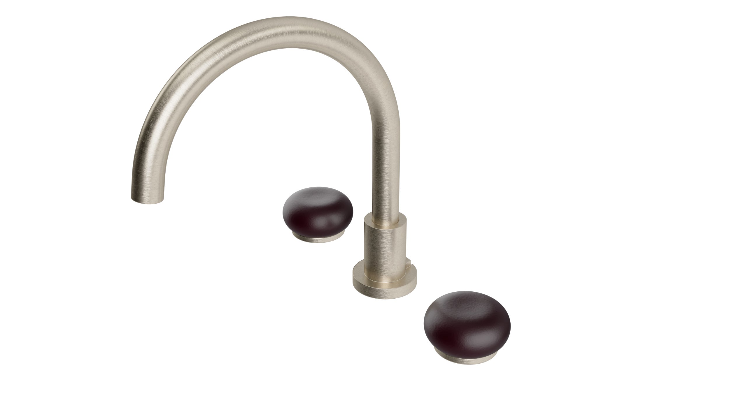 Foundry Two Handle Deck Mount Gooseneck Bath Trim with Pebble Ceramic Knob Handles in Satin Nickel