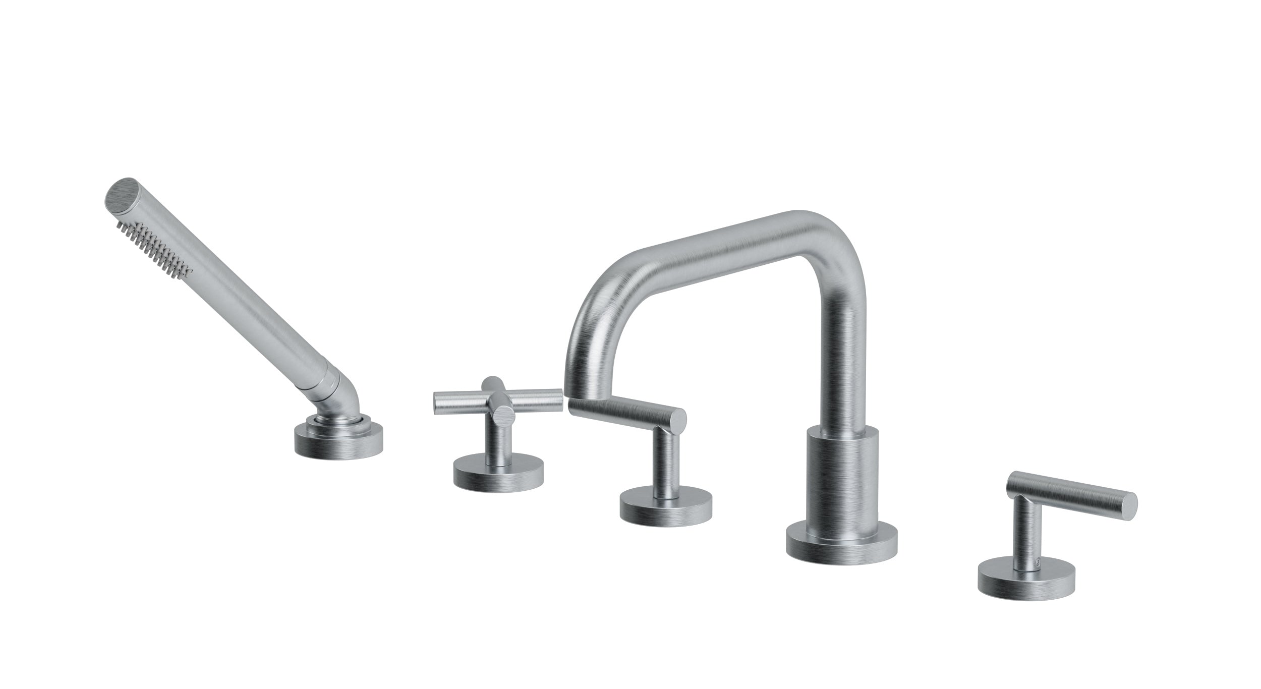 Contour Three Handle Deck Mount Squaretop Bath Trim with Hand Shower and Soft Cross/Soft Lever Handles in Satin Chrome