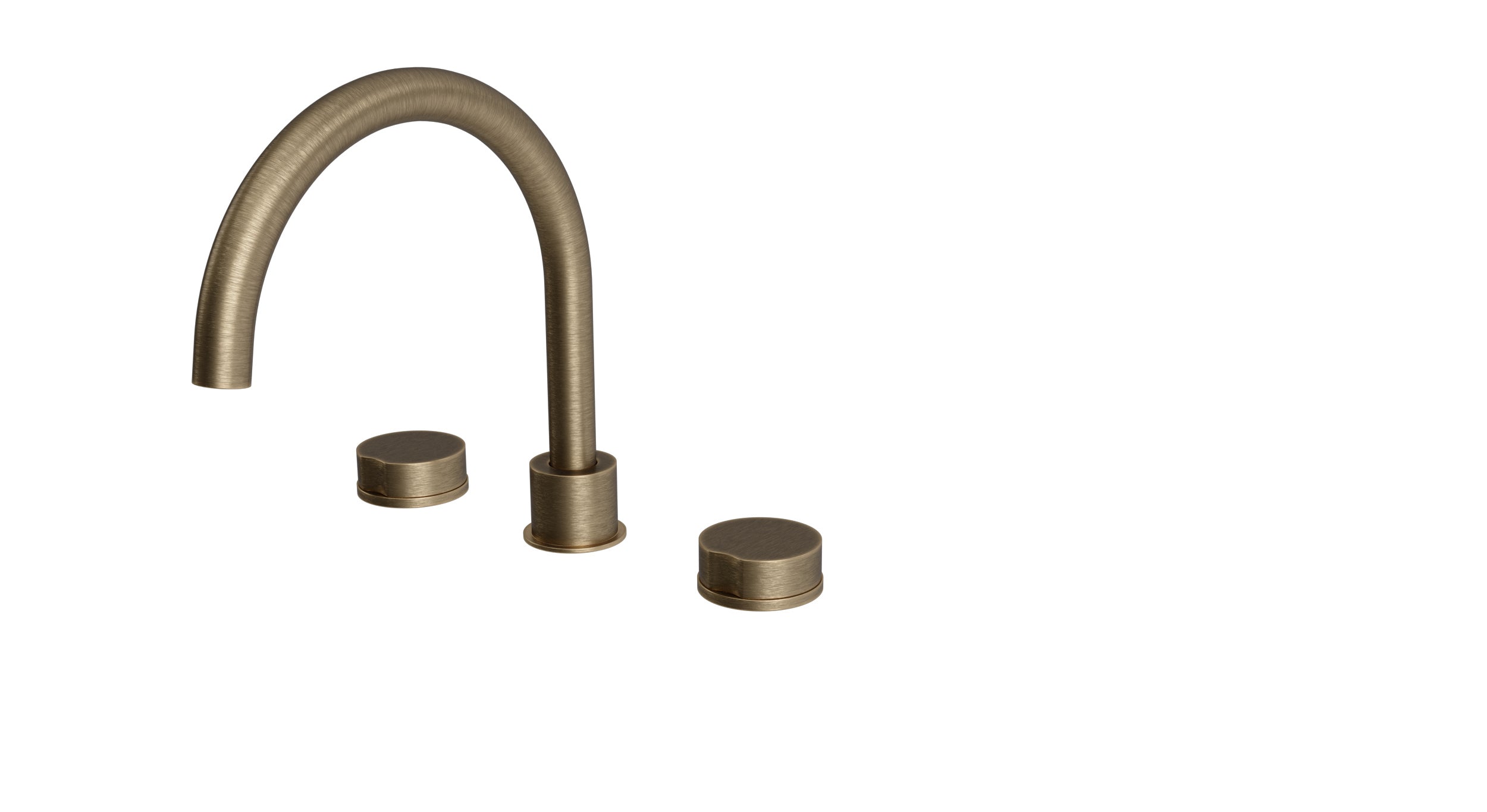 Foundry Two Handle Deck Mount Gooseneck Bath Trim with Barrel Knob Handles in Antique Brass