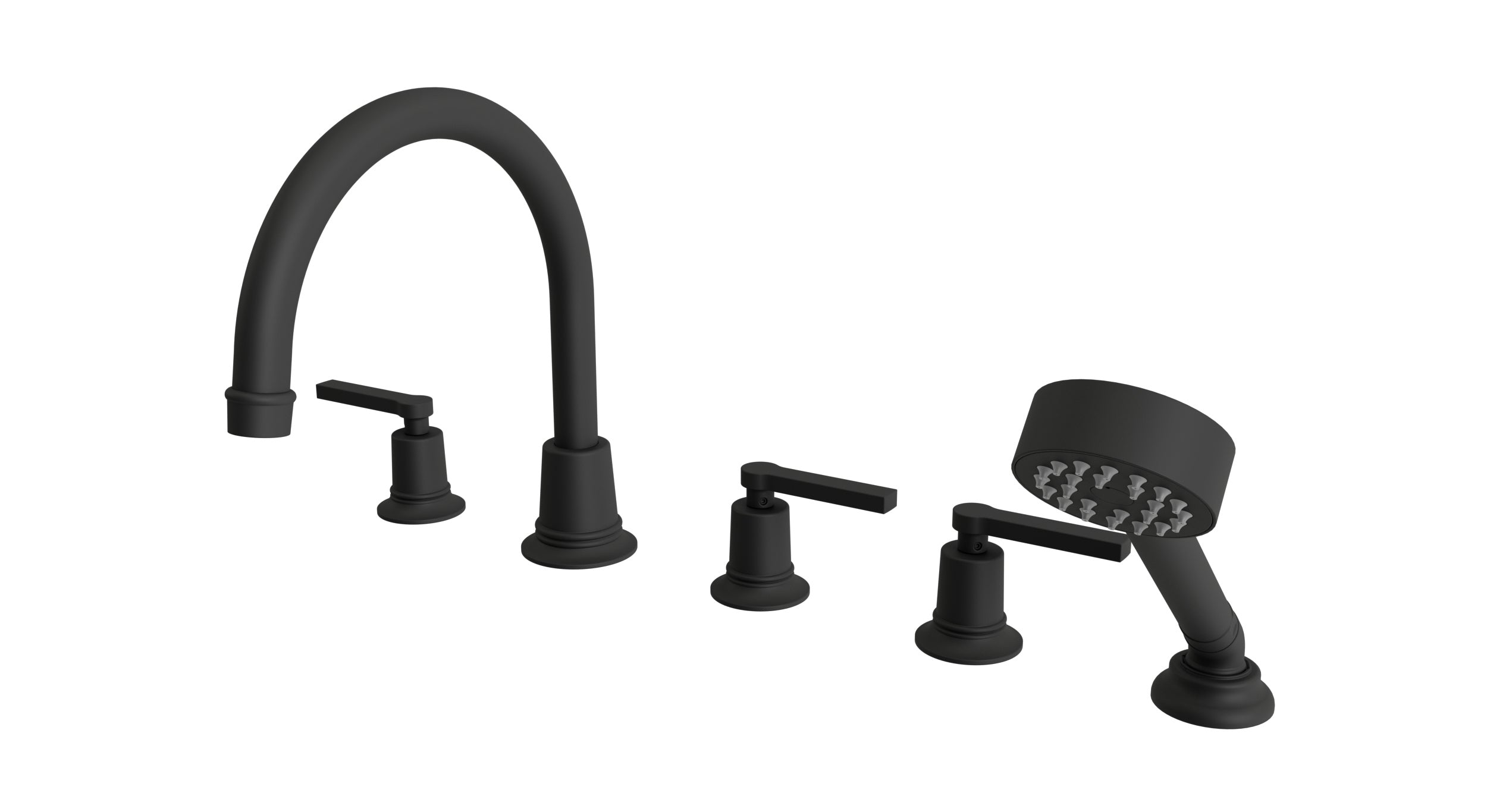 Emerson Three Handle Deck Mount Gooseneck Bath Trim with Hand Shower and Classic Lever Handles in Matte Black