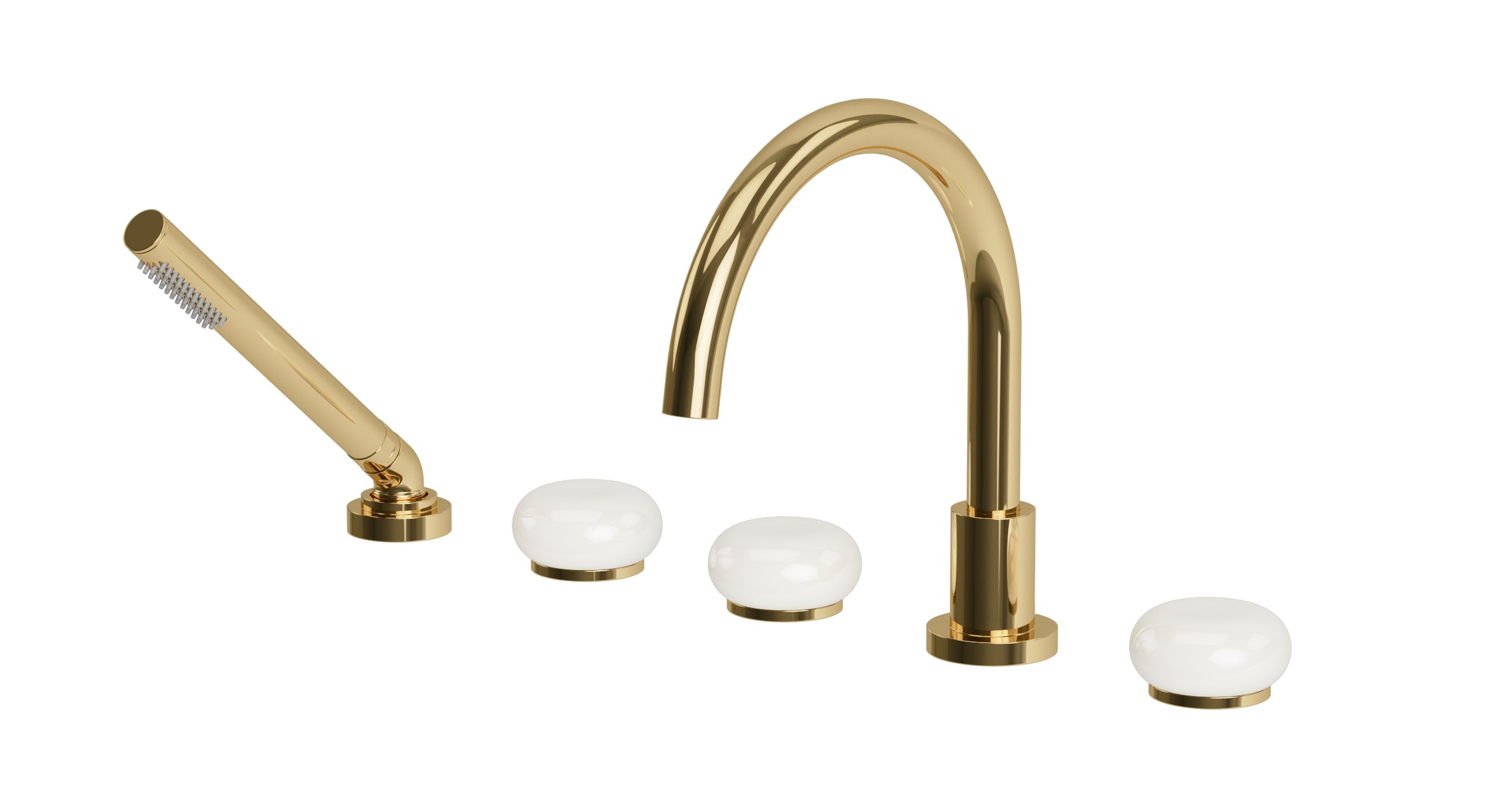 Foundry Three Handle Deck Mount Gooseneck Bath Trim with Hand Shower and Pebble Ceramic Knob Handles in Polished Brass