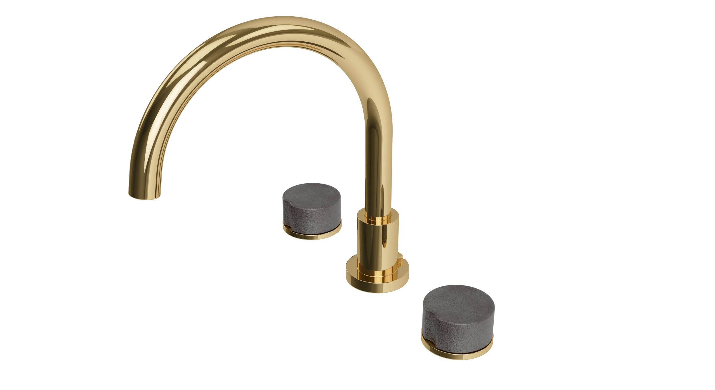 Foundry Two Handle Deck Mount Gooseneck Bath Trim with Groove Ceramic Knob Handles in Polished Brass