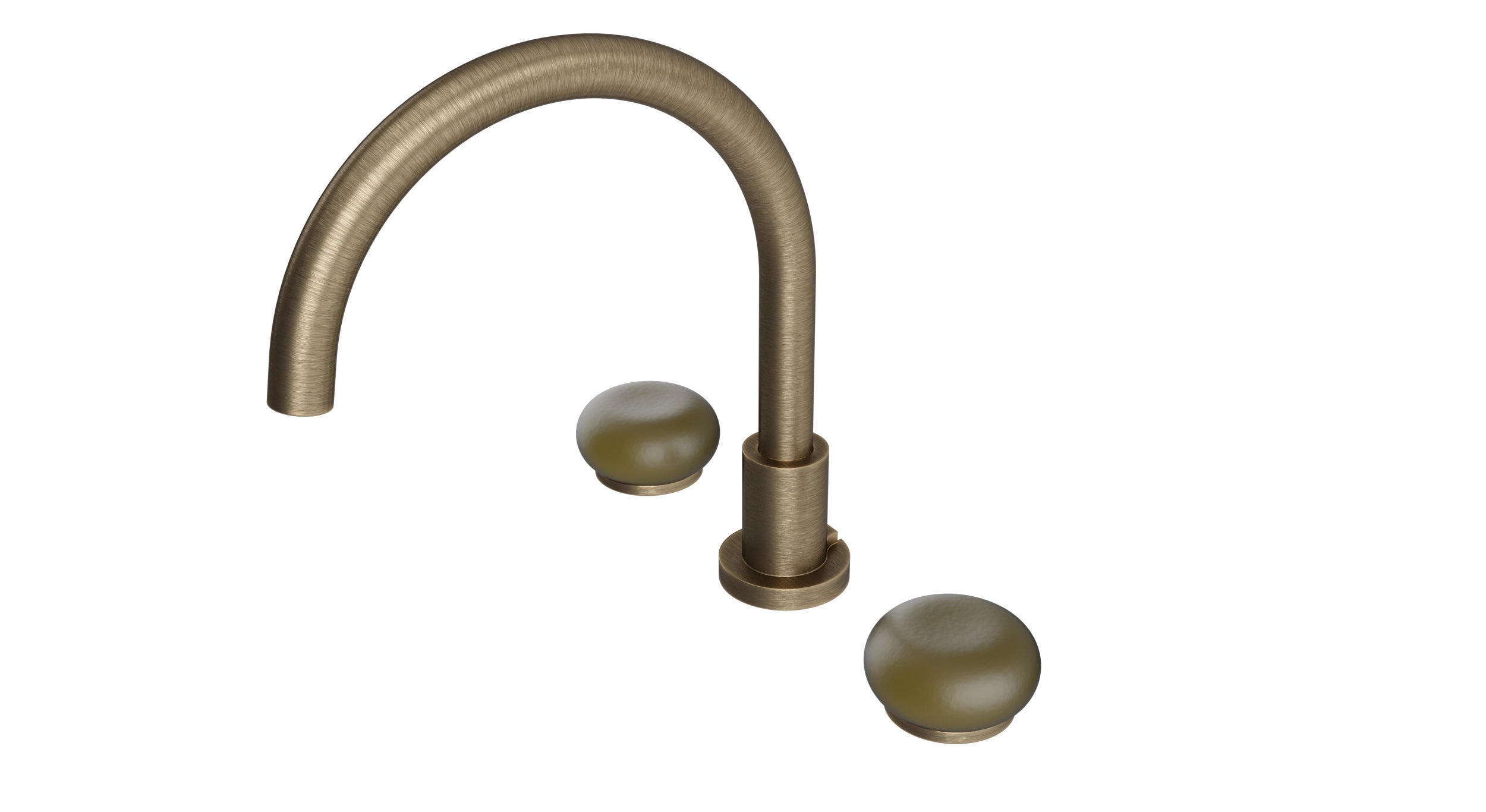 Foundry Two Handle Deck Mount Gooseneck Bath Trim with Pebble Ceramic Knob Handles in Antique Brass