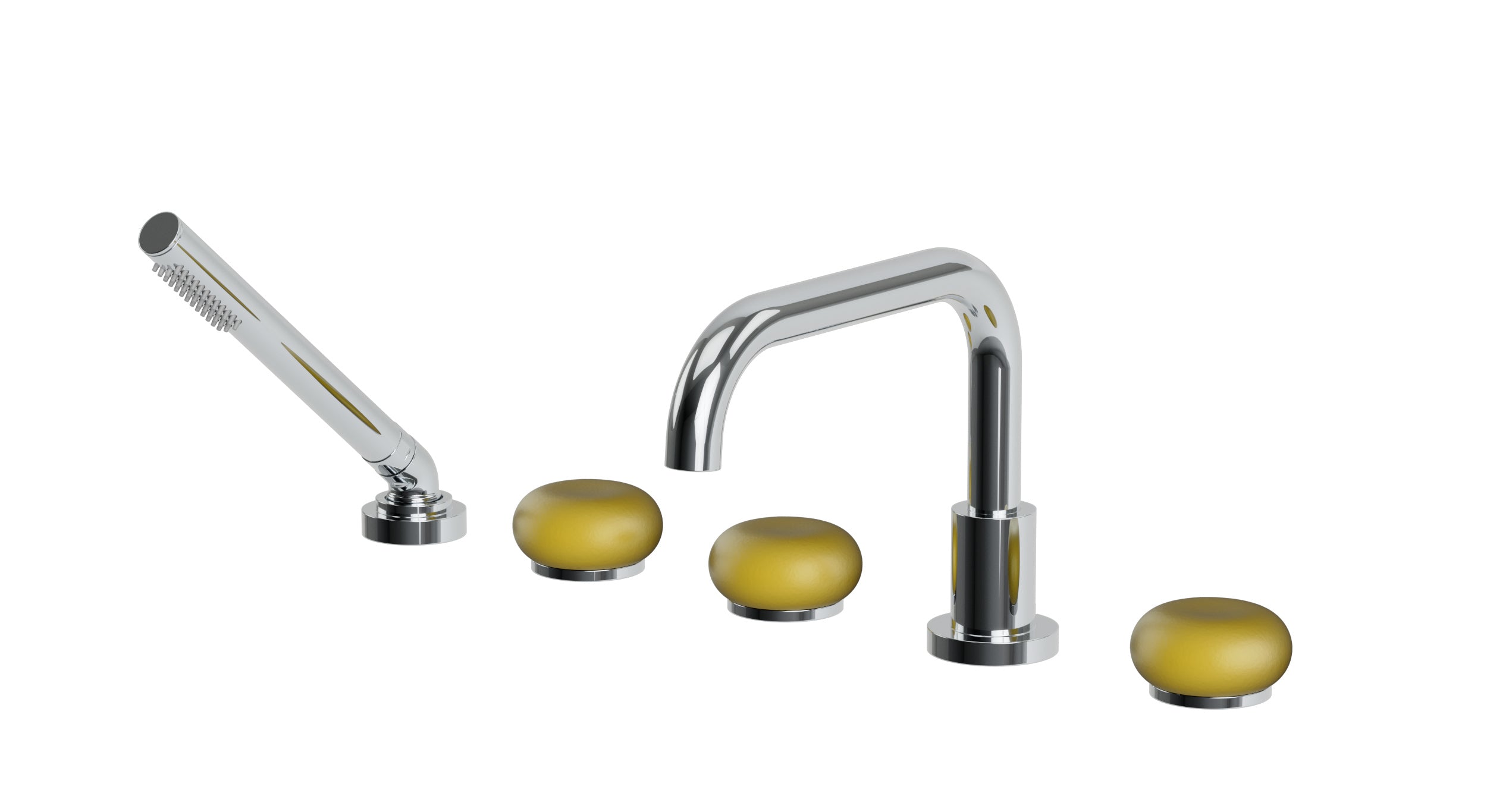 Foundry Three Handle Deck Mount Squaretop Bath Trim with Hand Shower and Pebble Ceramic Knob Handles in Polished Chrome