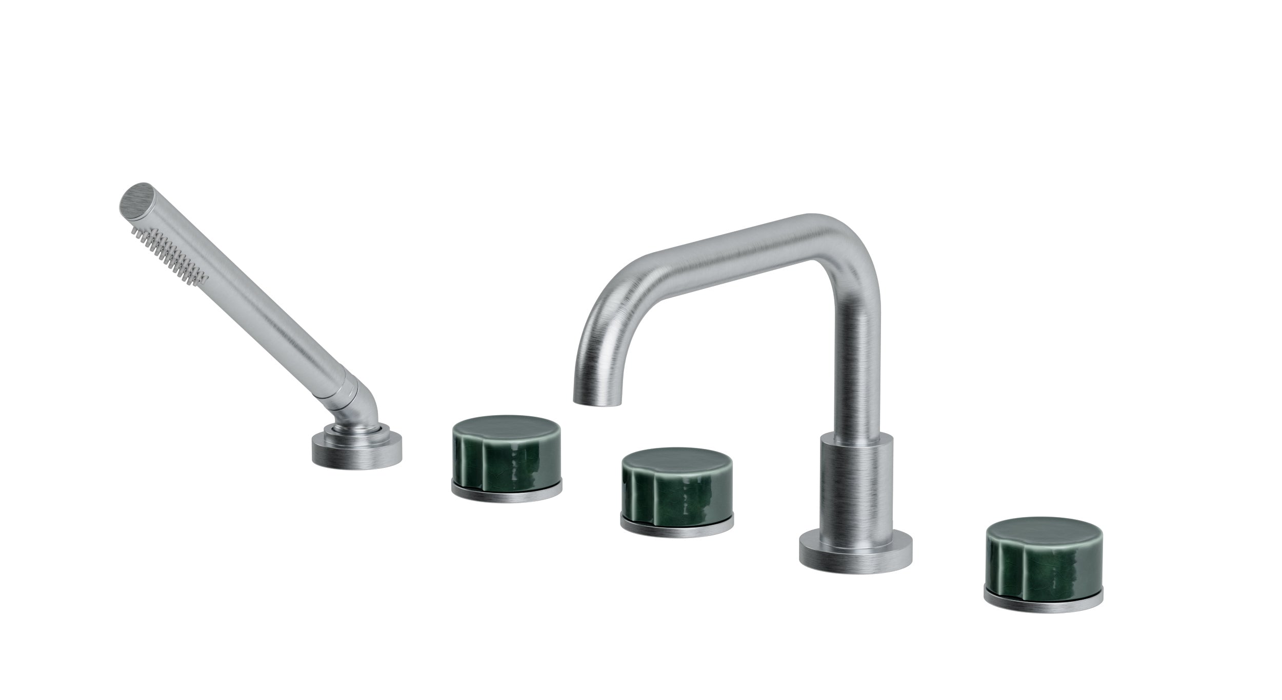 Foundry Three Handle Deck Mount Squaretop Bath Trim with Hand Shower and Groove Ceramic Knob Handles in Satin Chrome
