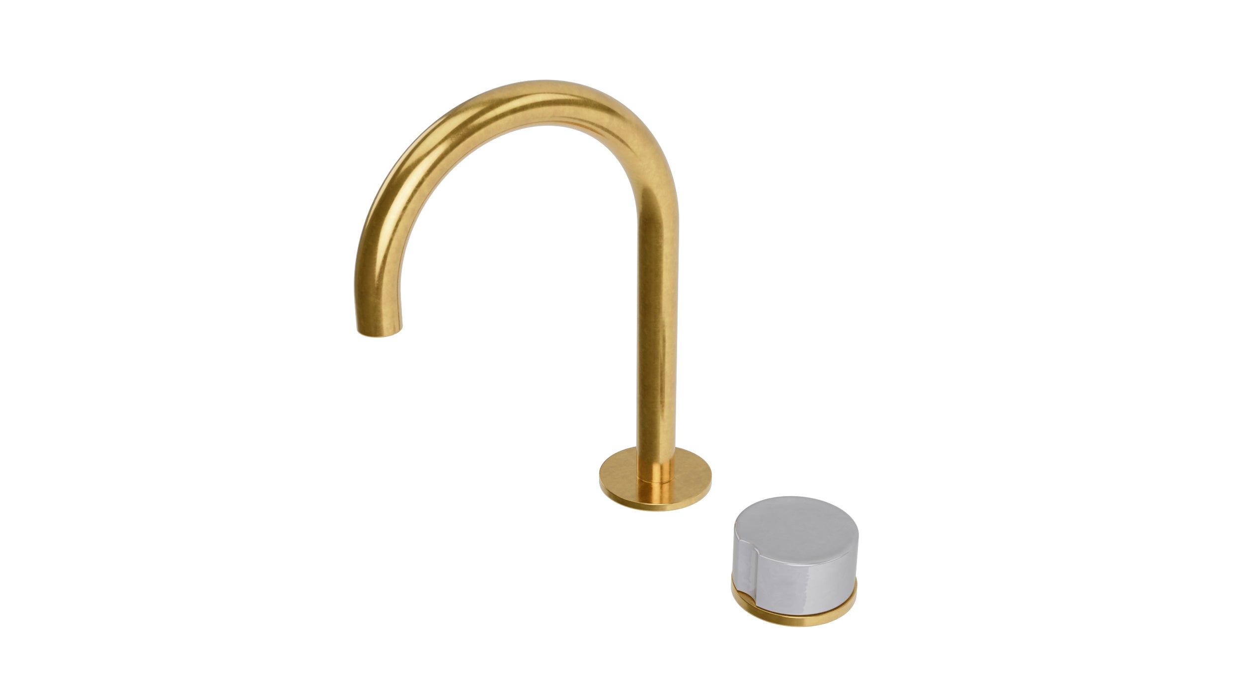 Foundry One Handle Deck Mount Gooseneck Lavatory Faucet with Groove Ceramic Knob Handle in French Brass