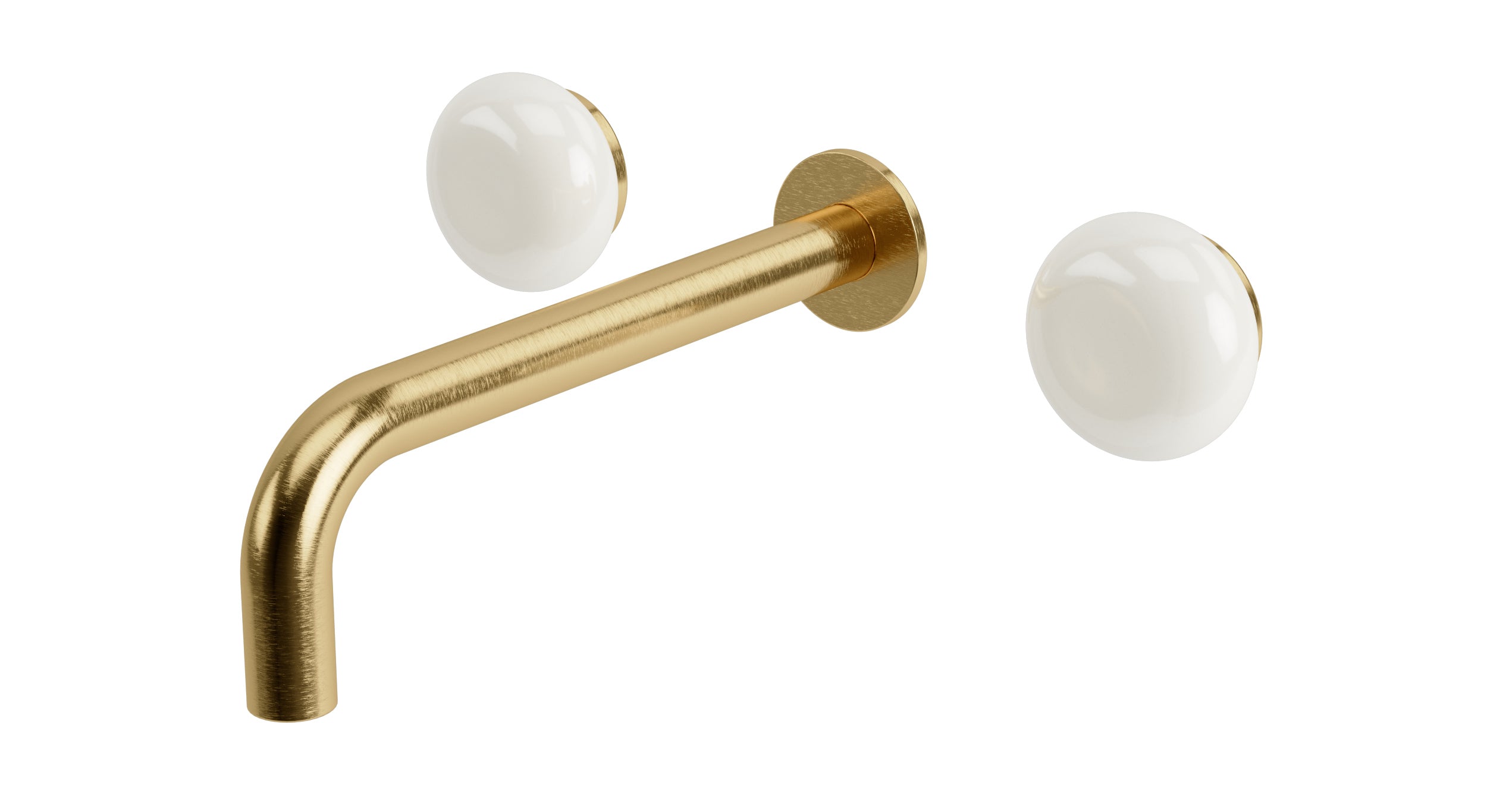 Foundry Two Handle Wall Mount 7.5" Lavatory Faucet with Pebble Ceramic Knob Handles in Satin Brass
