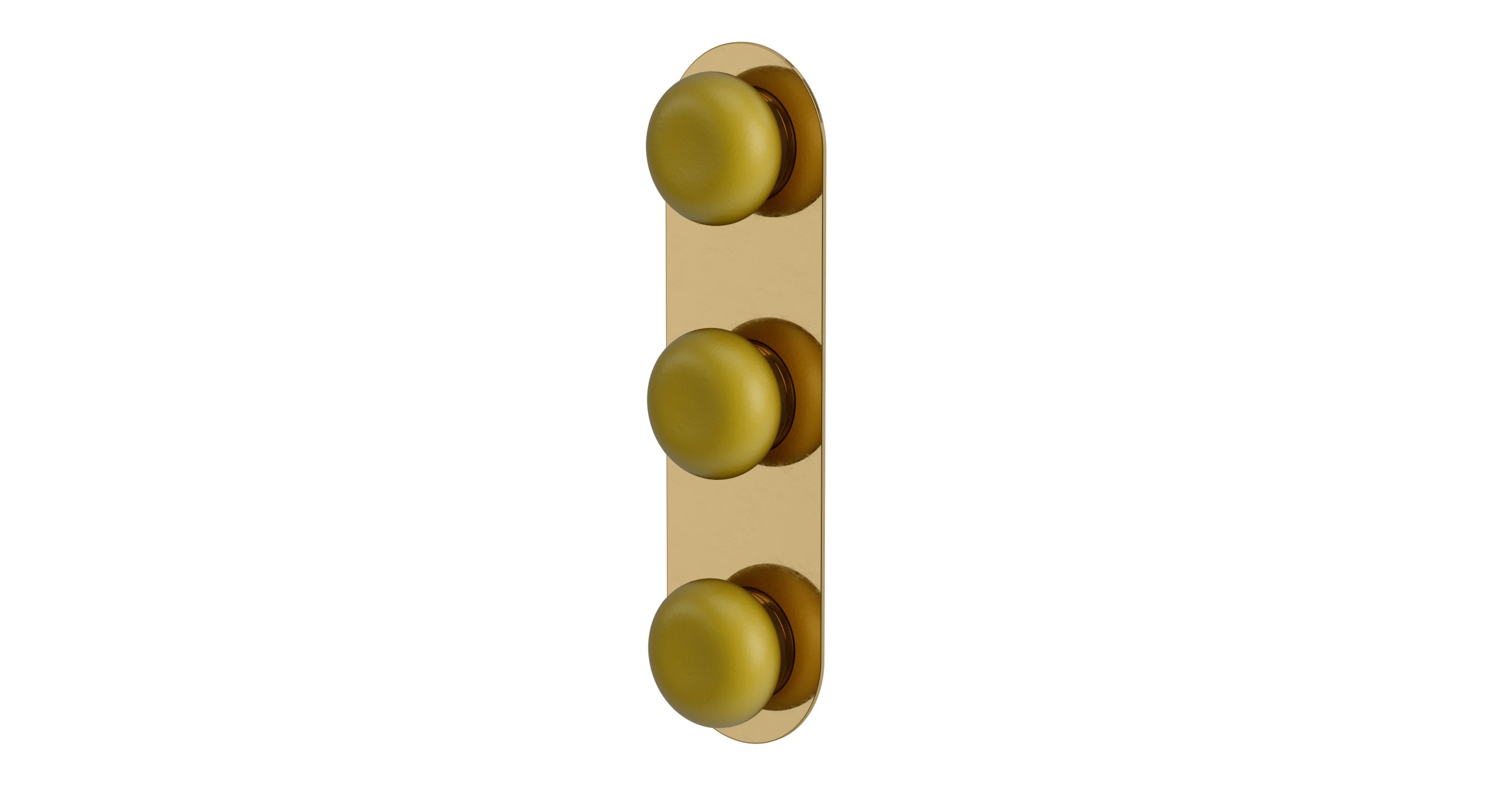 Foundry Three Handle Wall Mount Shower Trim with Pebble Ceramic Knob Handles in Uncoated Polished Brass