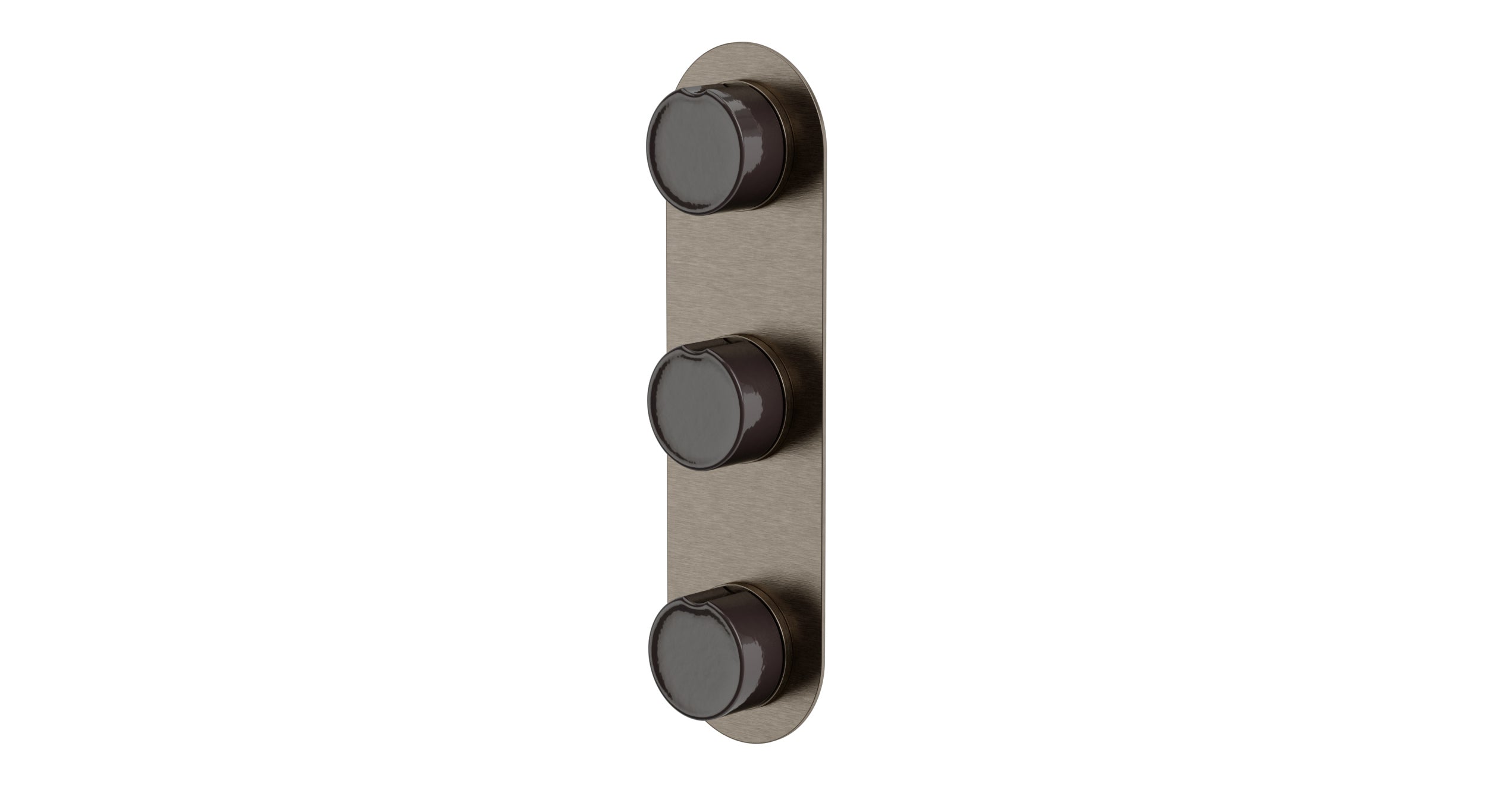 Foundry Three Handle Wall Mount Shower Trim with Groove Ceramic Knob Handles in Antique Nickel