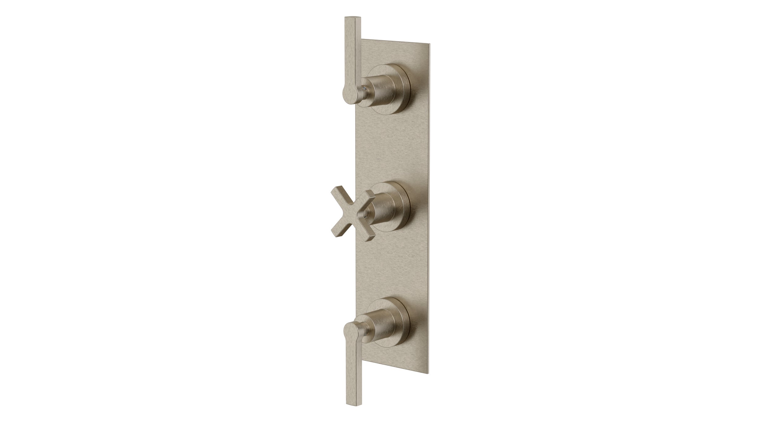Flatiron Three Handle Wall Mount Shower Trim with Linear Cross/Linear Lever Handles in Satin Nickel