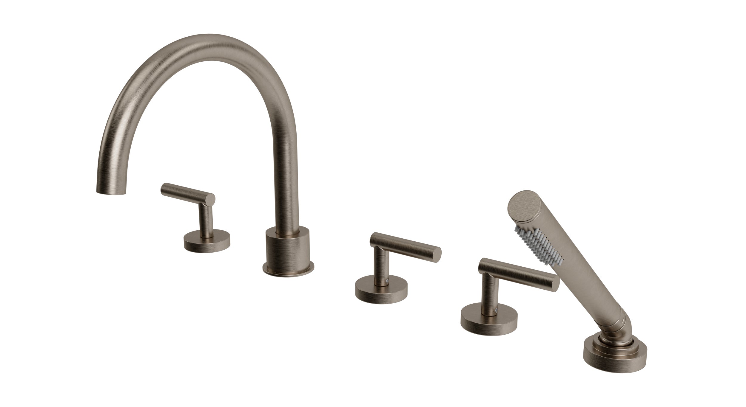 Contour Three Handle Deck Mount Gooseneck Bath Trim with Hand Shower and Soft Lever Handles in Antique Nickel