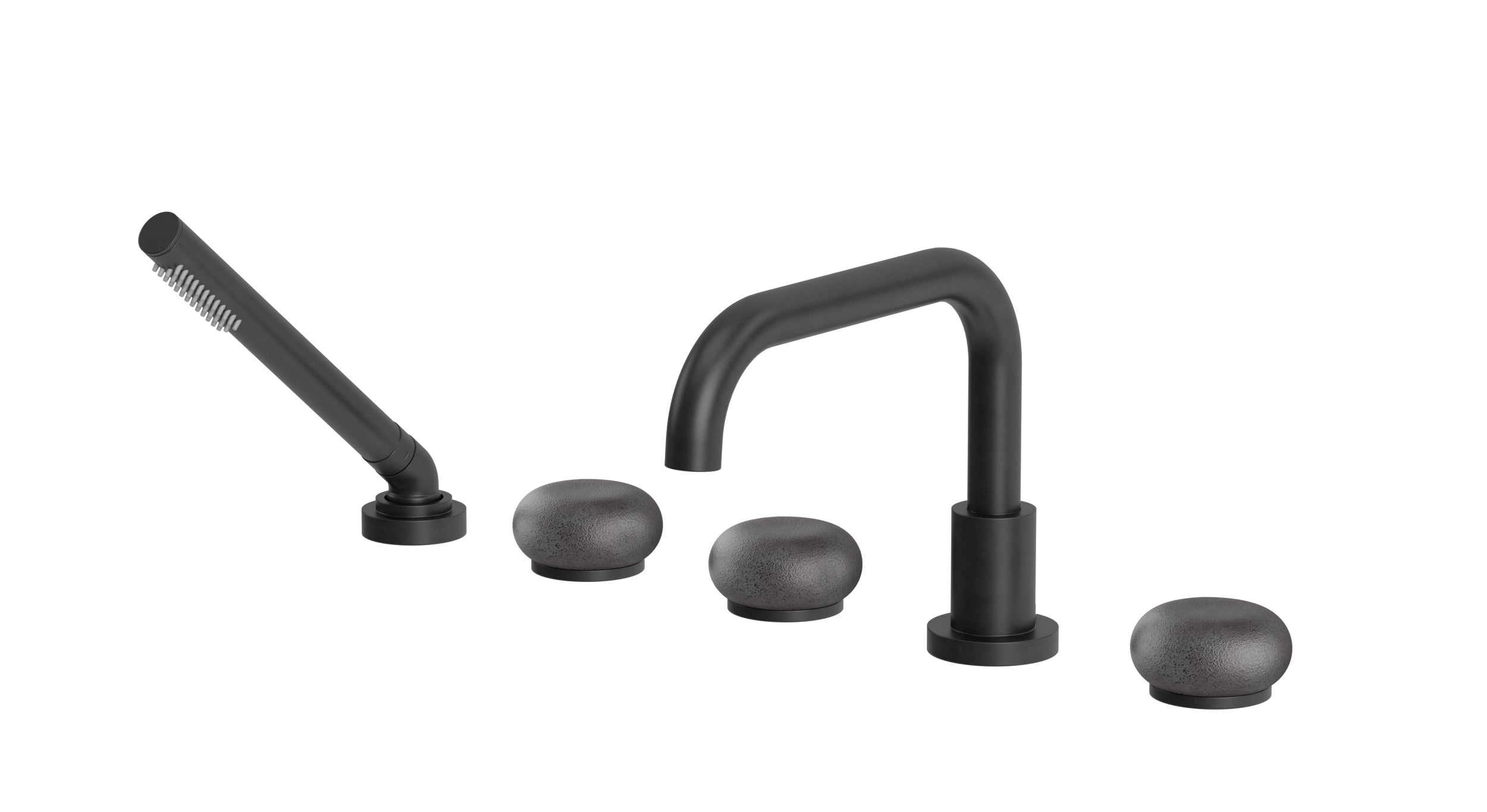 Foundry Three Handle Deck Mount Squaretop Bath Trim with Hand Shower and Pebble Ceramic Knob Handles in Oil Rubbed Bronze