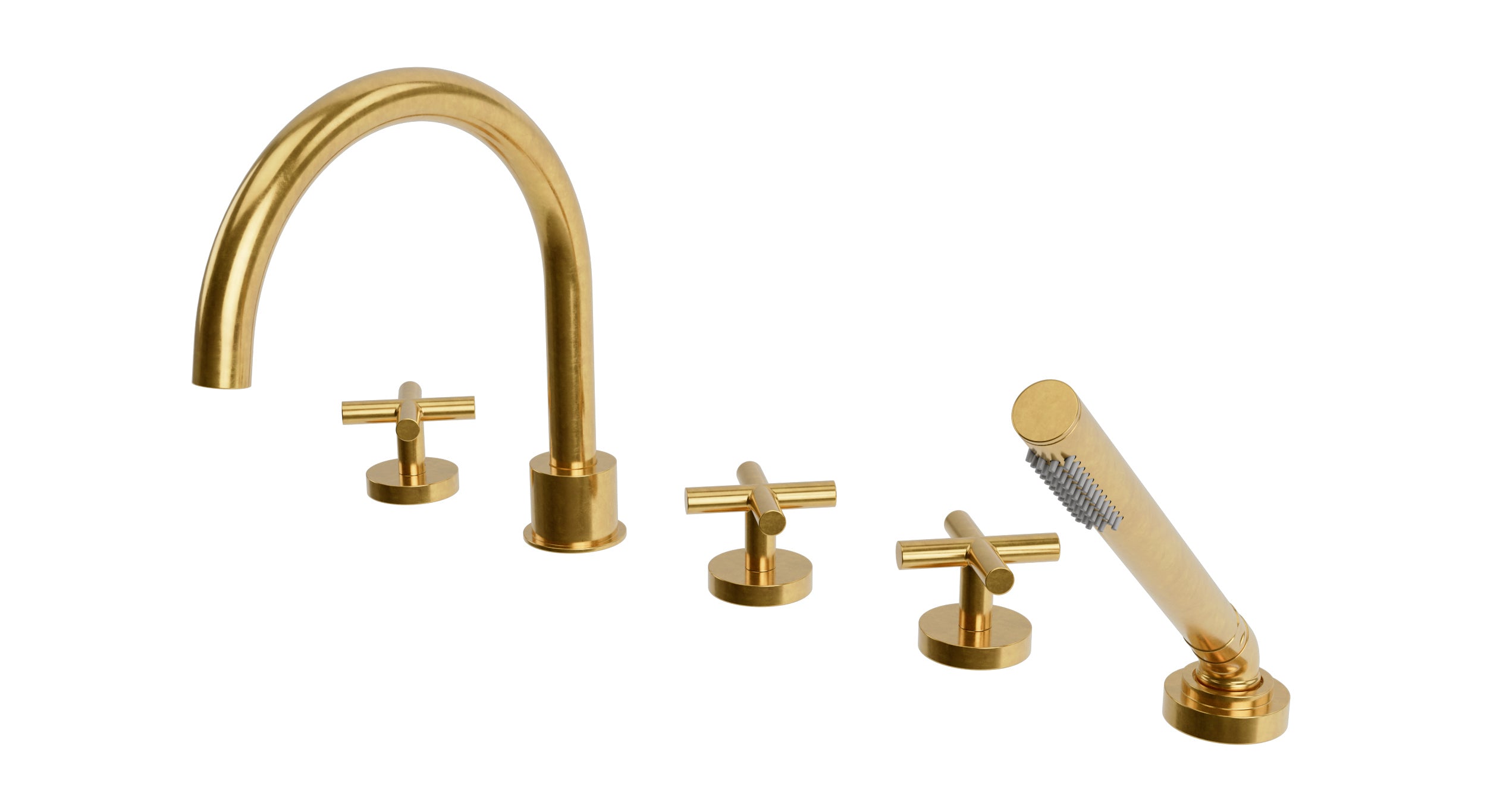 Contour Three Handle Deck Mount Gooseneck Bath Trim with Hand Shower and Soft Cross Handles in French Brass