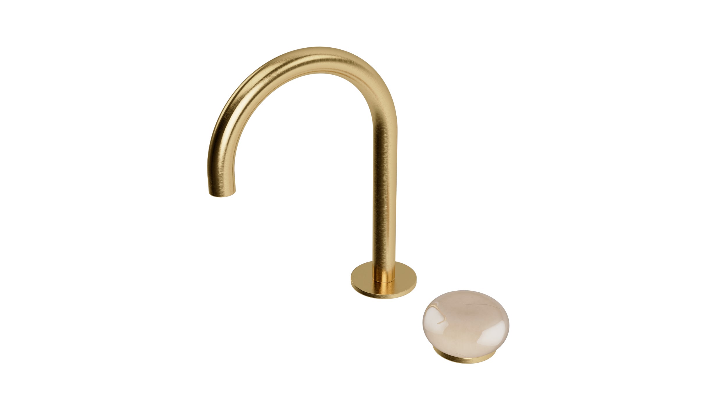 Foundry One Handle Deck Mount Gooseneck Lavatory Faucet with Pebble Ceramic Knob Handle in Satin Brass