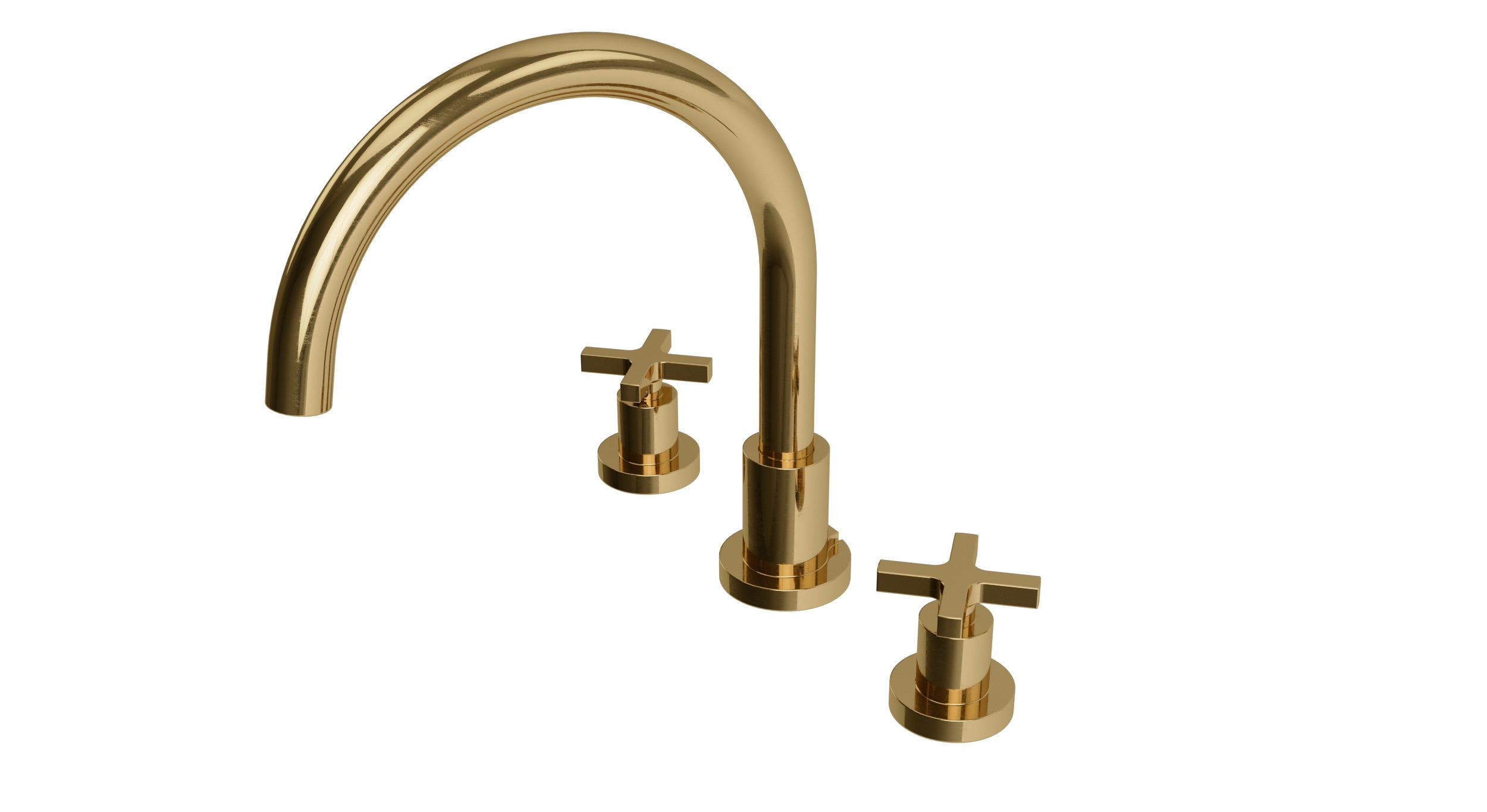 Flatiron Two Handle Deck Mount Gooseneck Bath Trim with Linear Cross Handles in Uncoated Polished Brass