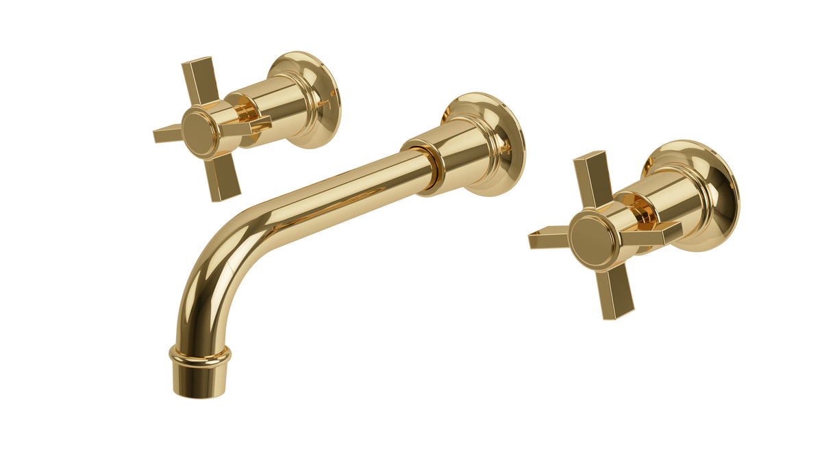 Emerson Two Handle Wall Mount 8.25" Lavatory Faucet with Defined Cross Handles in Polished Brass