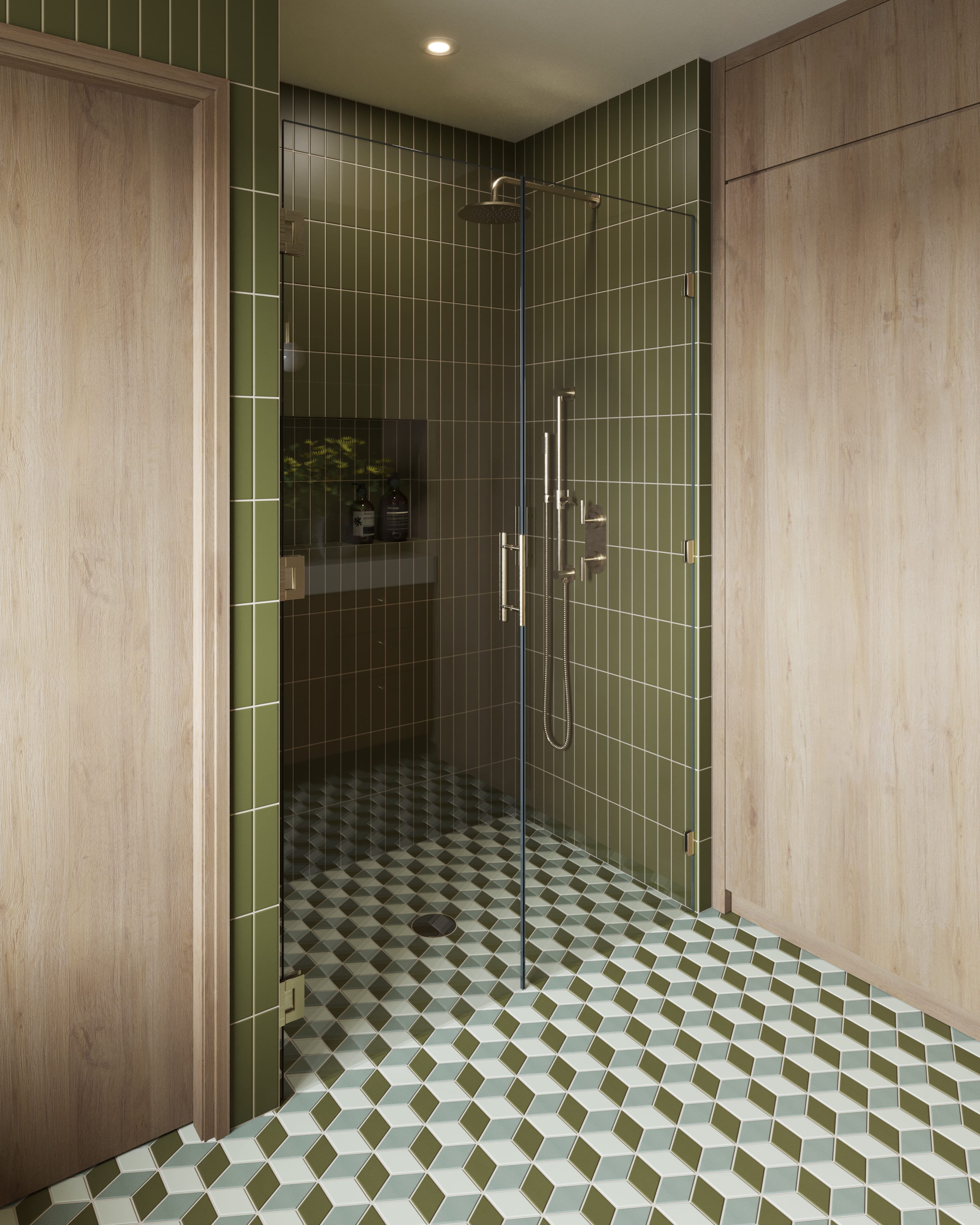 Small Diamond Escher Sheeted Original Ceramic Tile in Rosemary Matte, Limewash Matte & Bonsai Matte