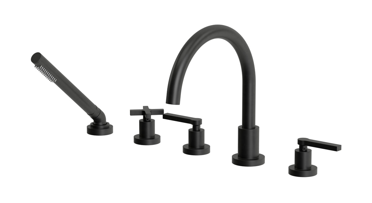 Flatiron Three Handle Deck Mount Gooseneck Bath Trim with Hand Shower and Linear Cross/Linear Lever Handles in Oil Rubbed Bronze