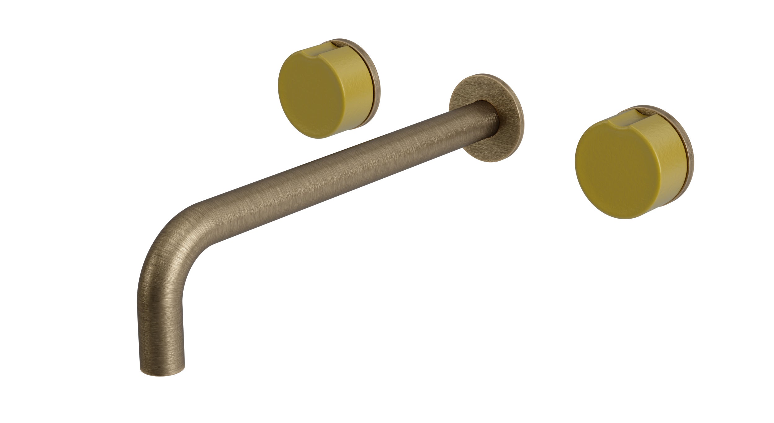 Foundry Two Handle Wall Mount 10" Lavatory Faucet with Groove Ceramic Knob Handles in Antique Brass