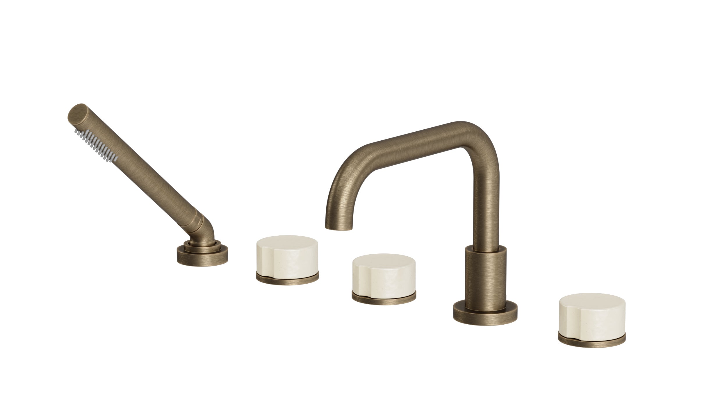 Foundry Three Handle Deck Mount Squaretop Bath Trim with Hand Shower and Groove Ceramic Knob Handles in Antique Brass