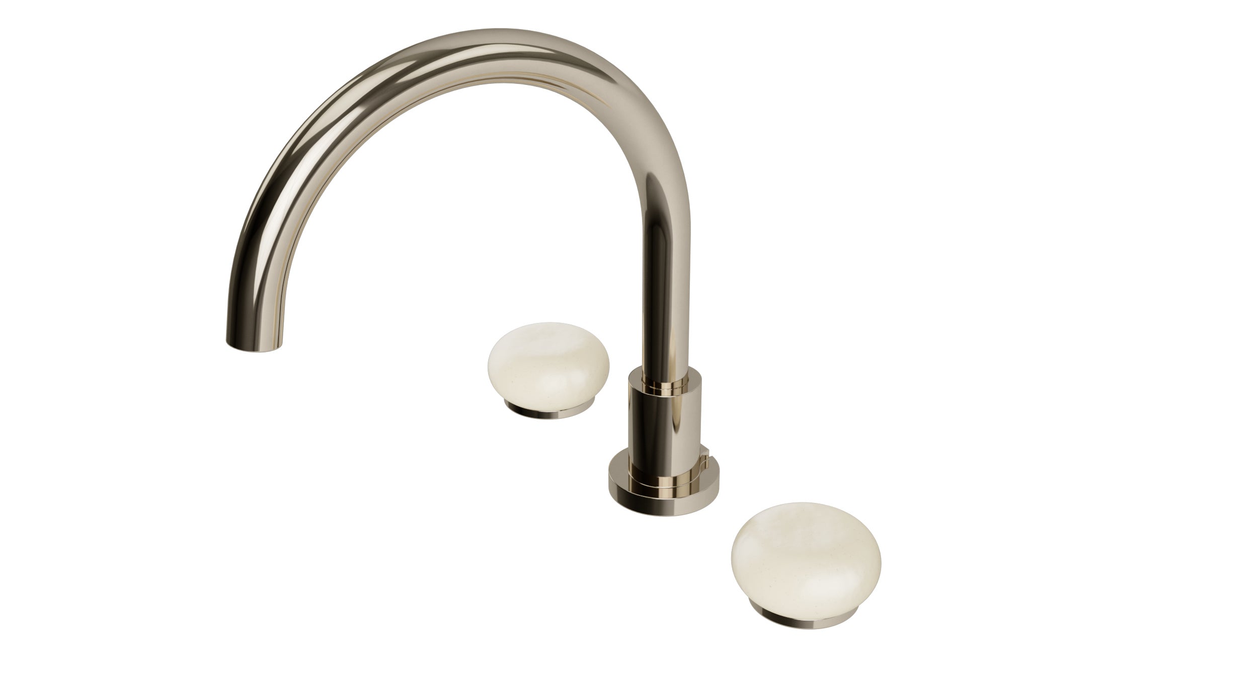 Foundry Two Handle Deck Mount Gooseneck Bath Trim with Pebble Ceramic Knob Handles in Polished Nickel