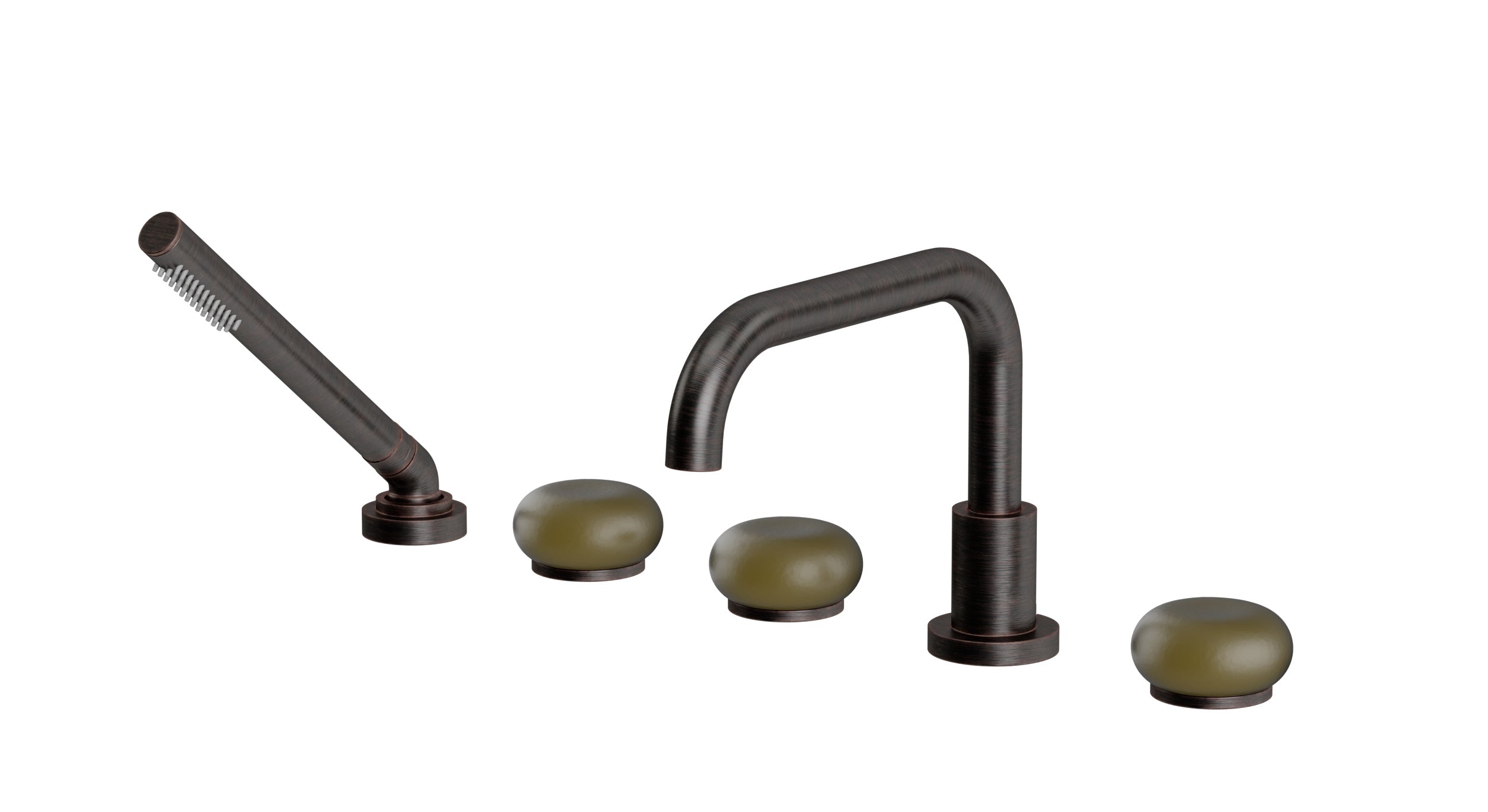 Foundry Three Handle Deck Mount Squaretop Bath Trim with Hand Shower and Pebble Ceramic Knob Handles in Antique Bronze