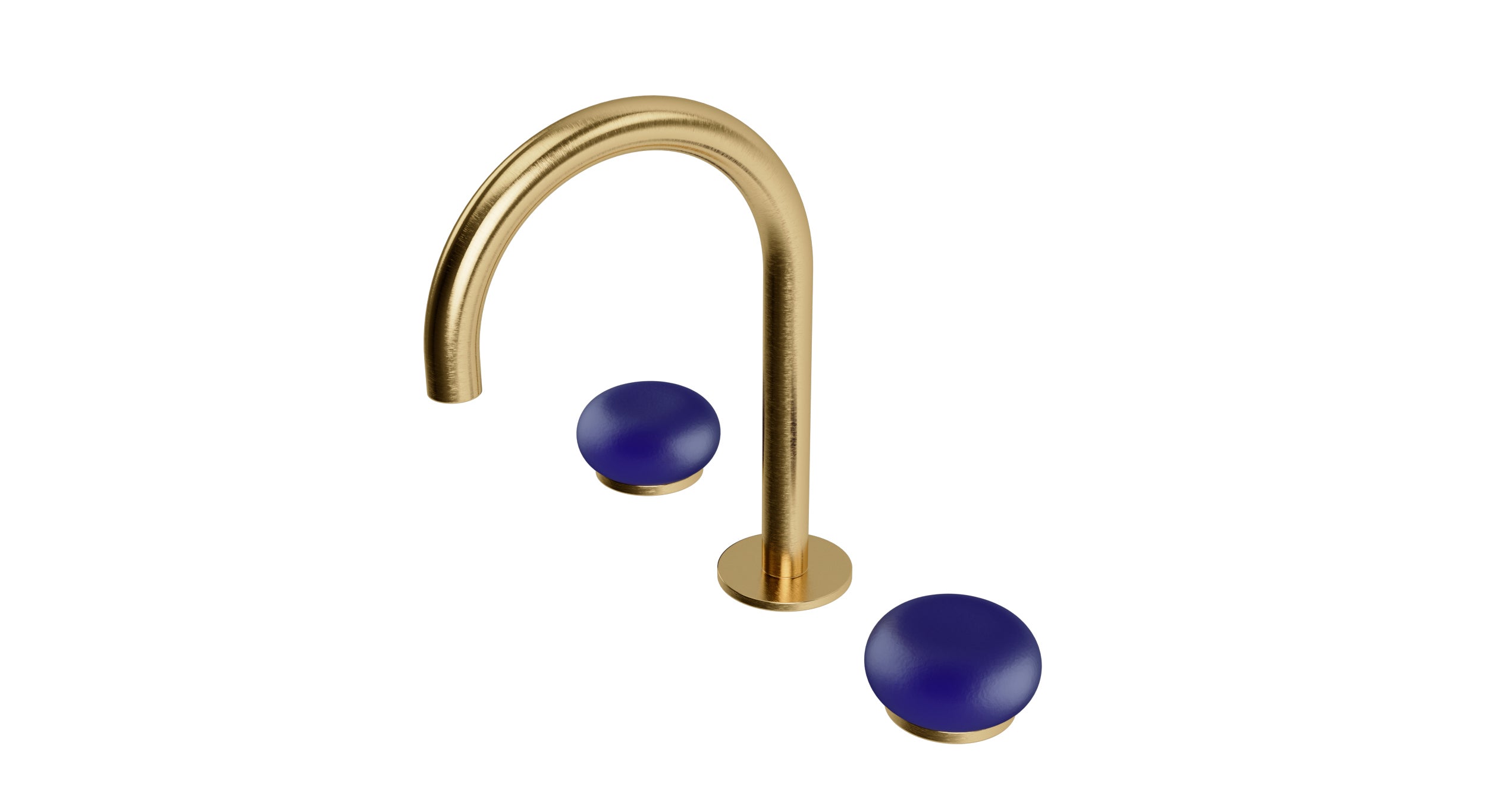 Foundry Two Handle Deck Mount Gooseneck Lavatory Faucet with Pebble Ceramic Knob Handles in Satin Brass