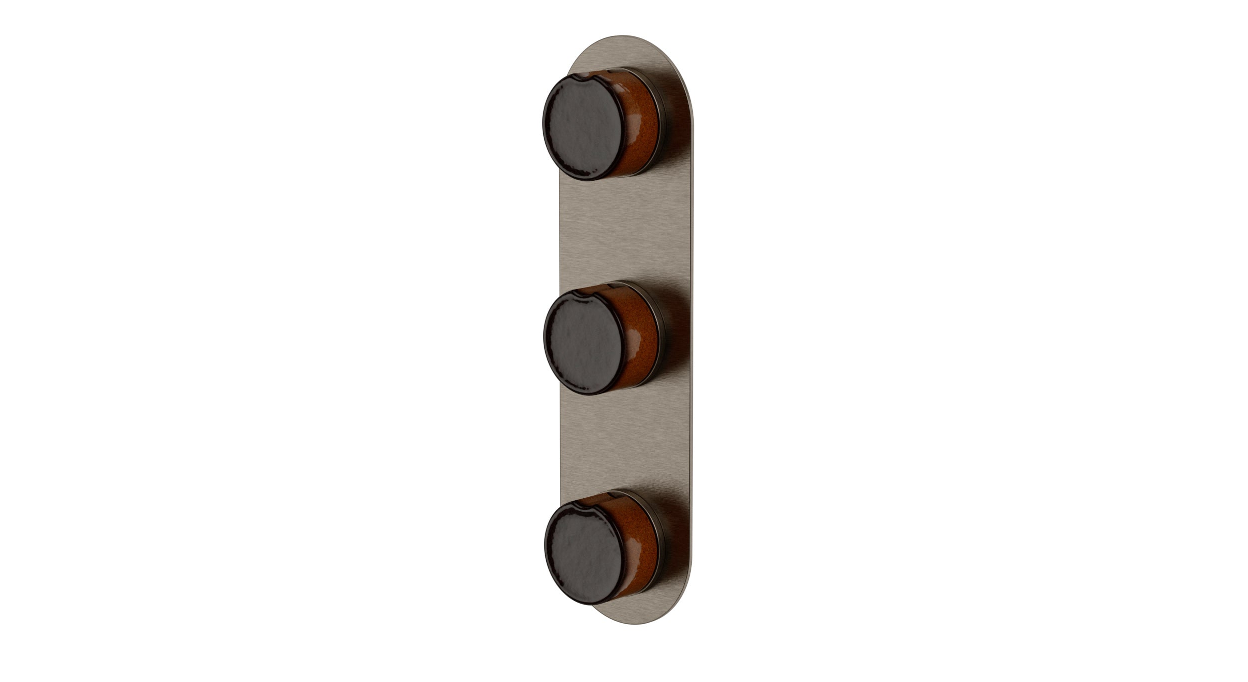Foundry Three Handle Wall Mount Shower Trim with Groove Ceramic Knob Handles in Antique Nickel