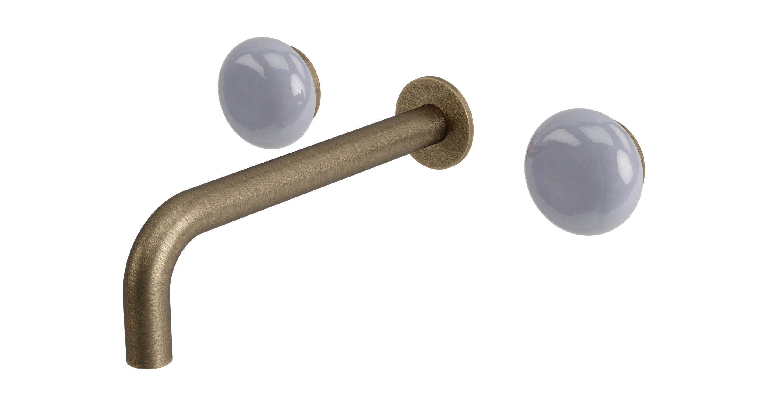Foundry Two Handle Wall Mount 7.5" Lavatory Faucet with Pebble Ceramic Knob Handles in Antique Brass