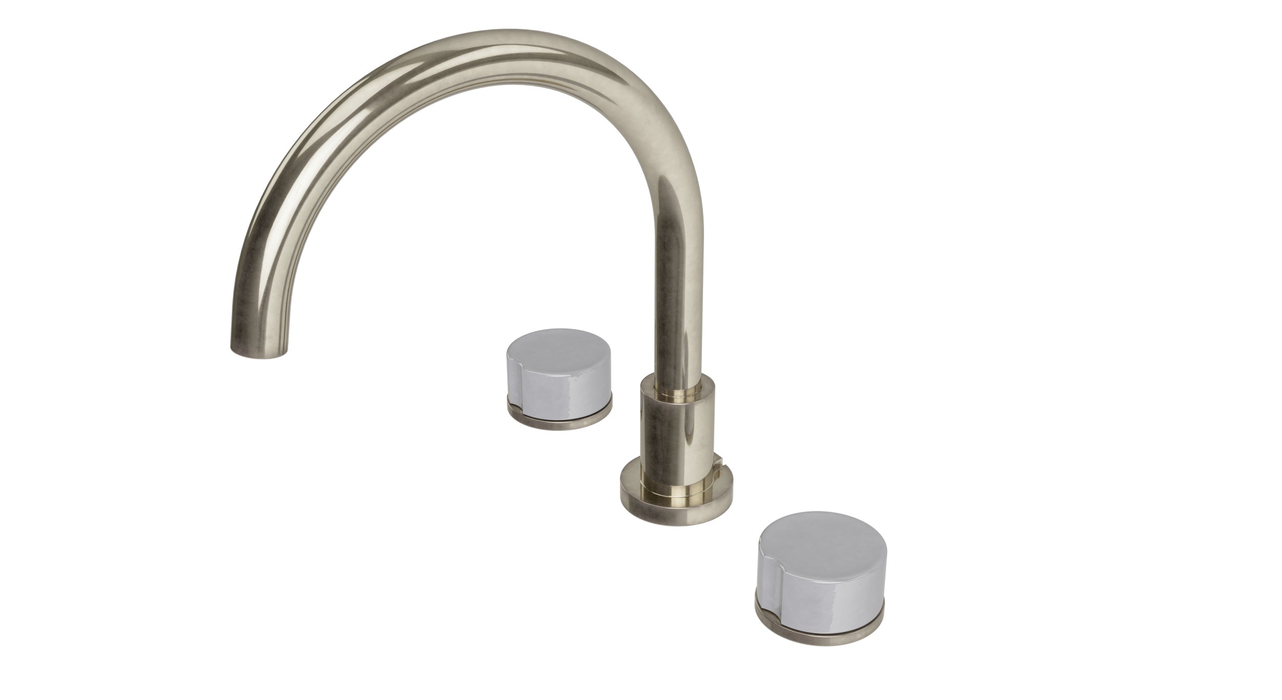 Foundry Two Handle Deck Mount Gooseneck Bath Trim with Groove Ceramic Knob Handles in French Nickel