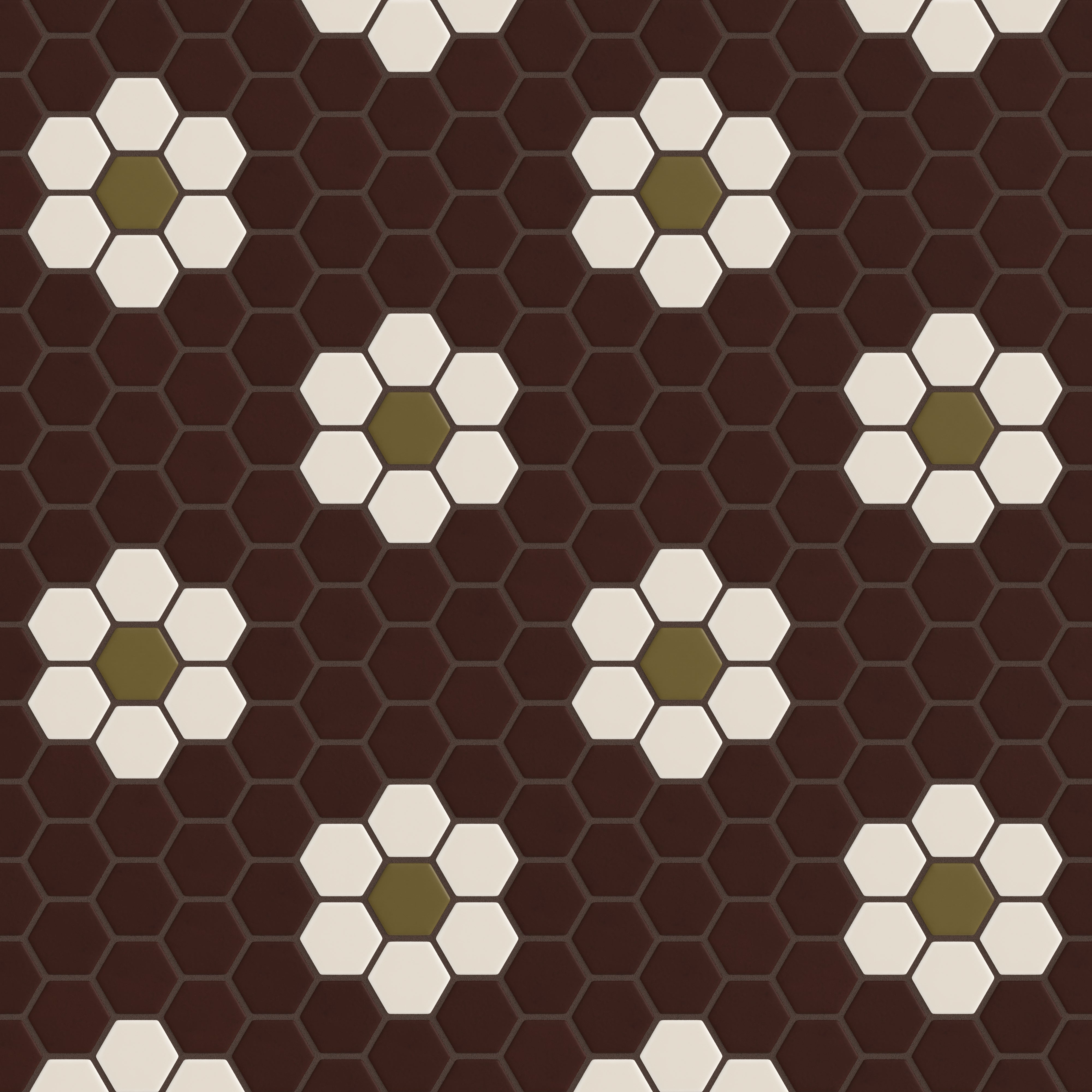 2" Hexagon Double Daisy Sheeted Original Ceramic Tile in Garnet Matte, Sand Dune Matte & Chaparral Matte