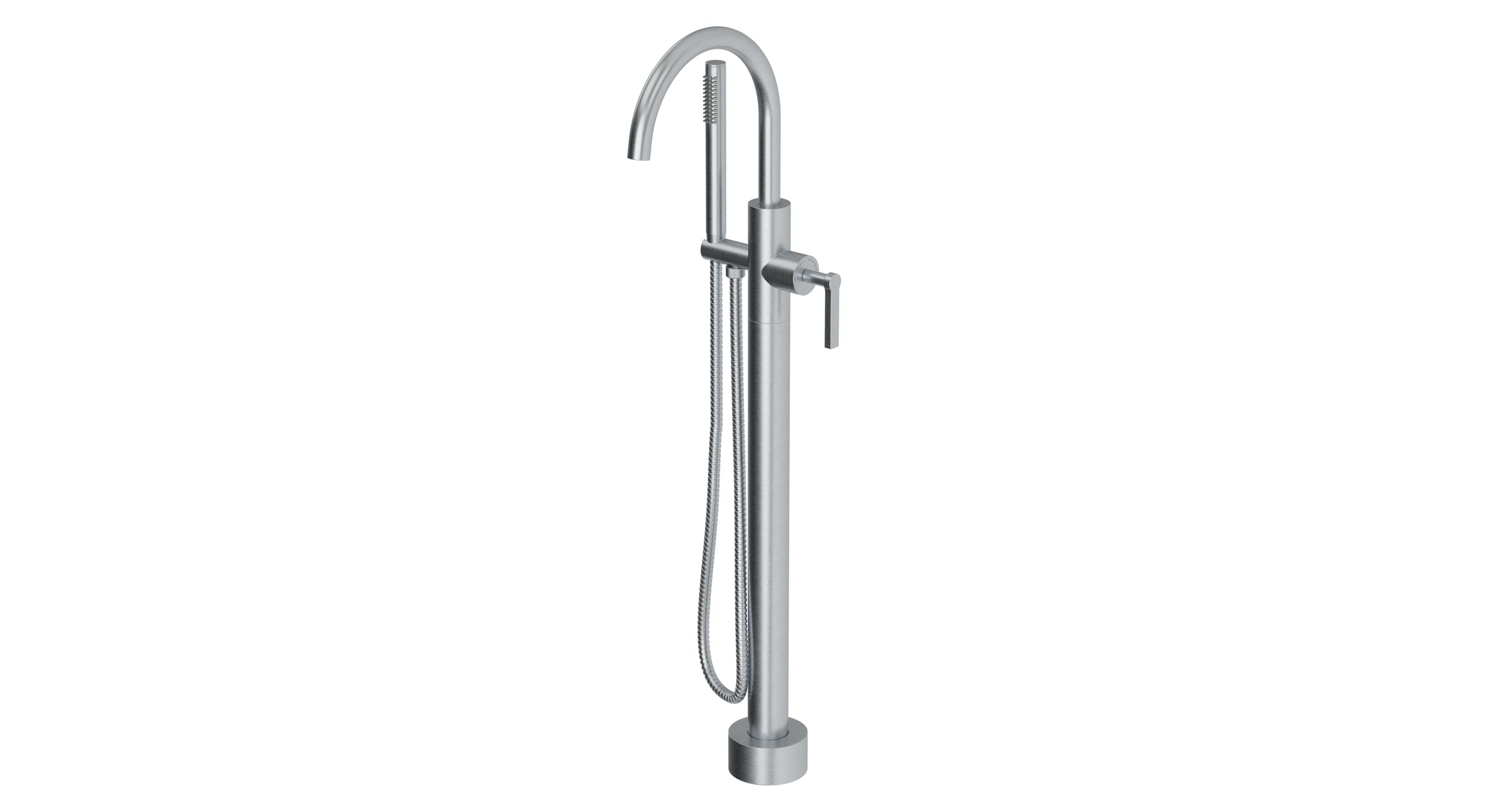 Flatiron One Handle Floor Mount Gooseneck Bath Trim with Hand Shower and Linear Lever Handle in Satin Chrome