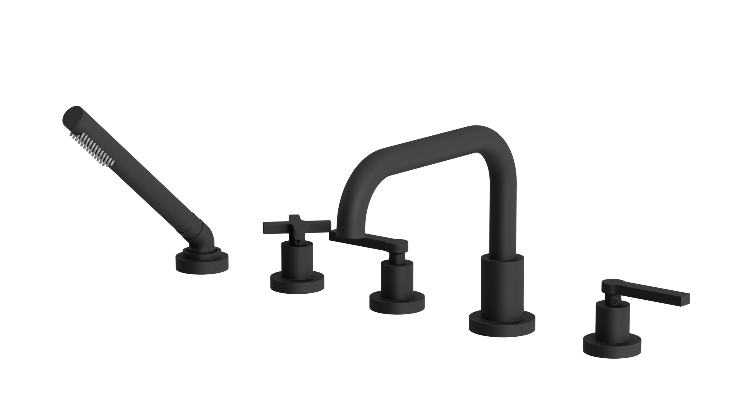 Flatiron Three Handle Deck Mount Squaretop Bath Trim with Hand Shower and Linear Cross/Linear Lever Handles in Matte Black