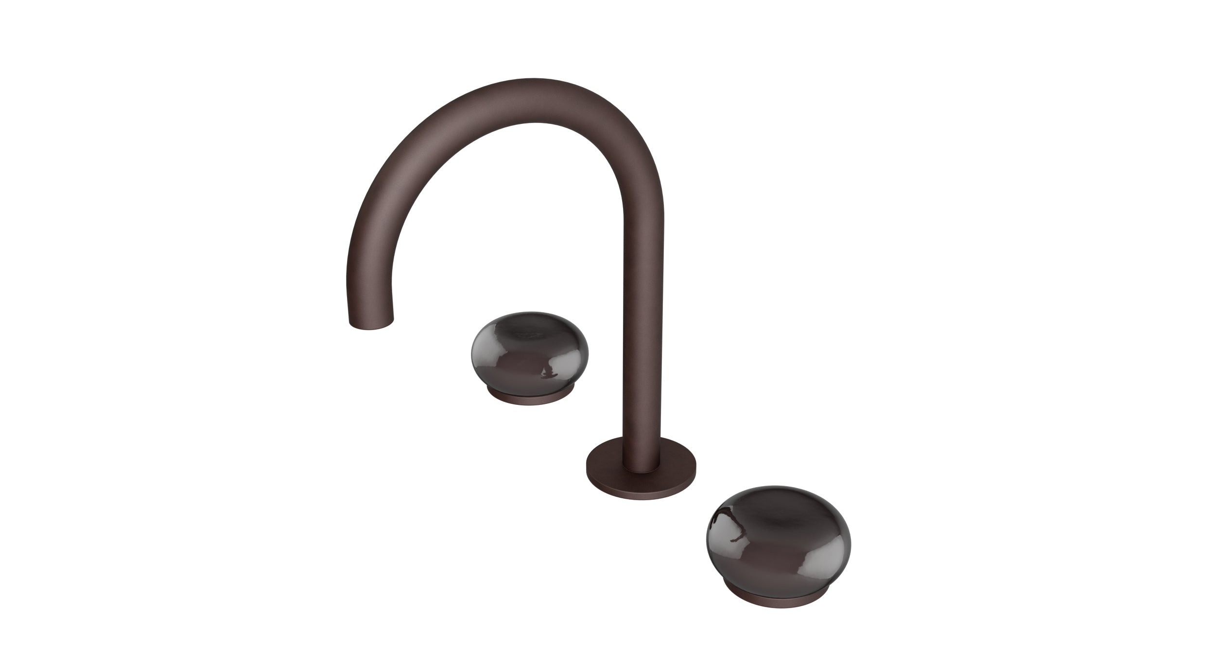 Foundry Two Handle Deck Mount Gooseneck Lavatory Faucet with Pebble Ceramic Knob Handles in Architectural Copper