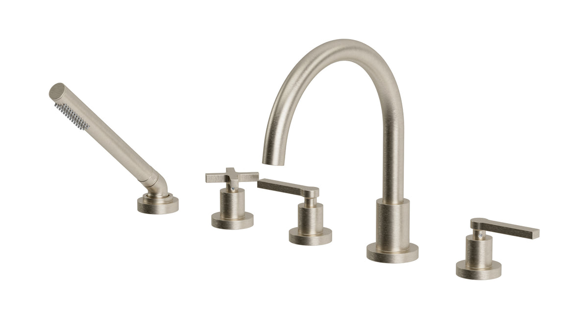 Flatiron Three Handle Deck Mount Gooseneck Bath Trim with Hand Shower and Linear Cross/Linear Lever Handles in Satin Nickel