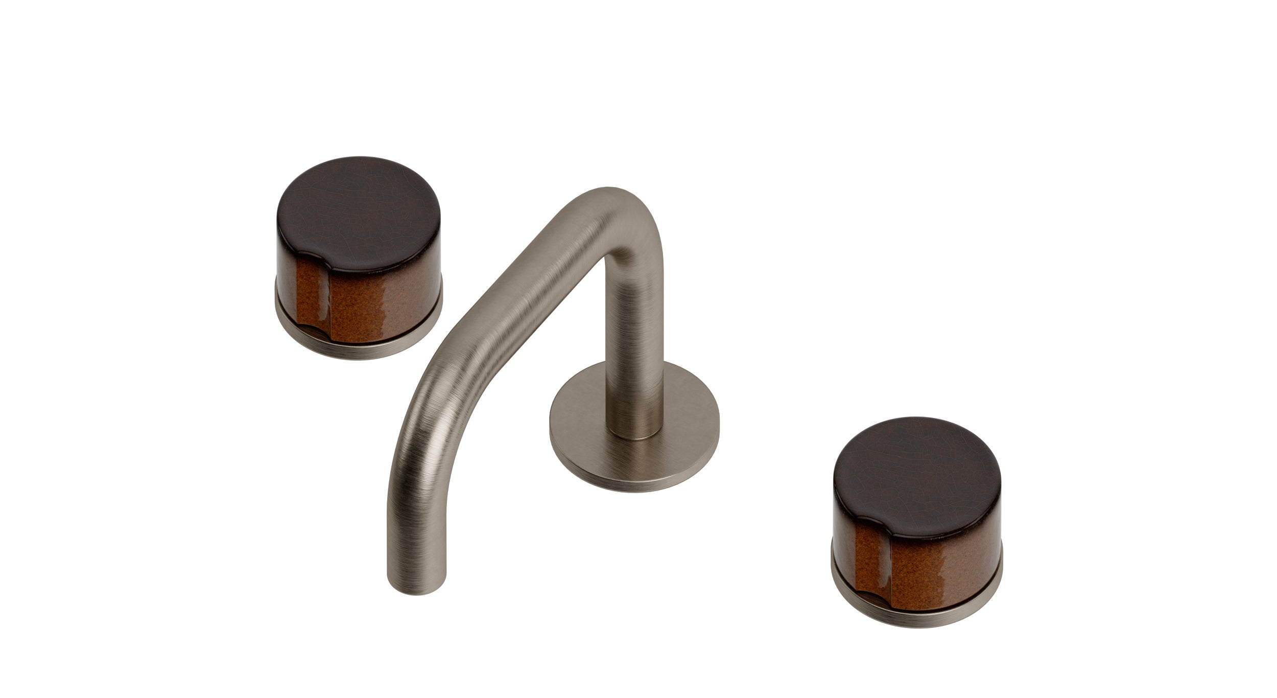 Foundry Two Handle Deck Mount Squaretop Lavatory Faucet with Groove Ceramic Knob Handles in Antique Nickel
