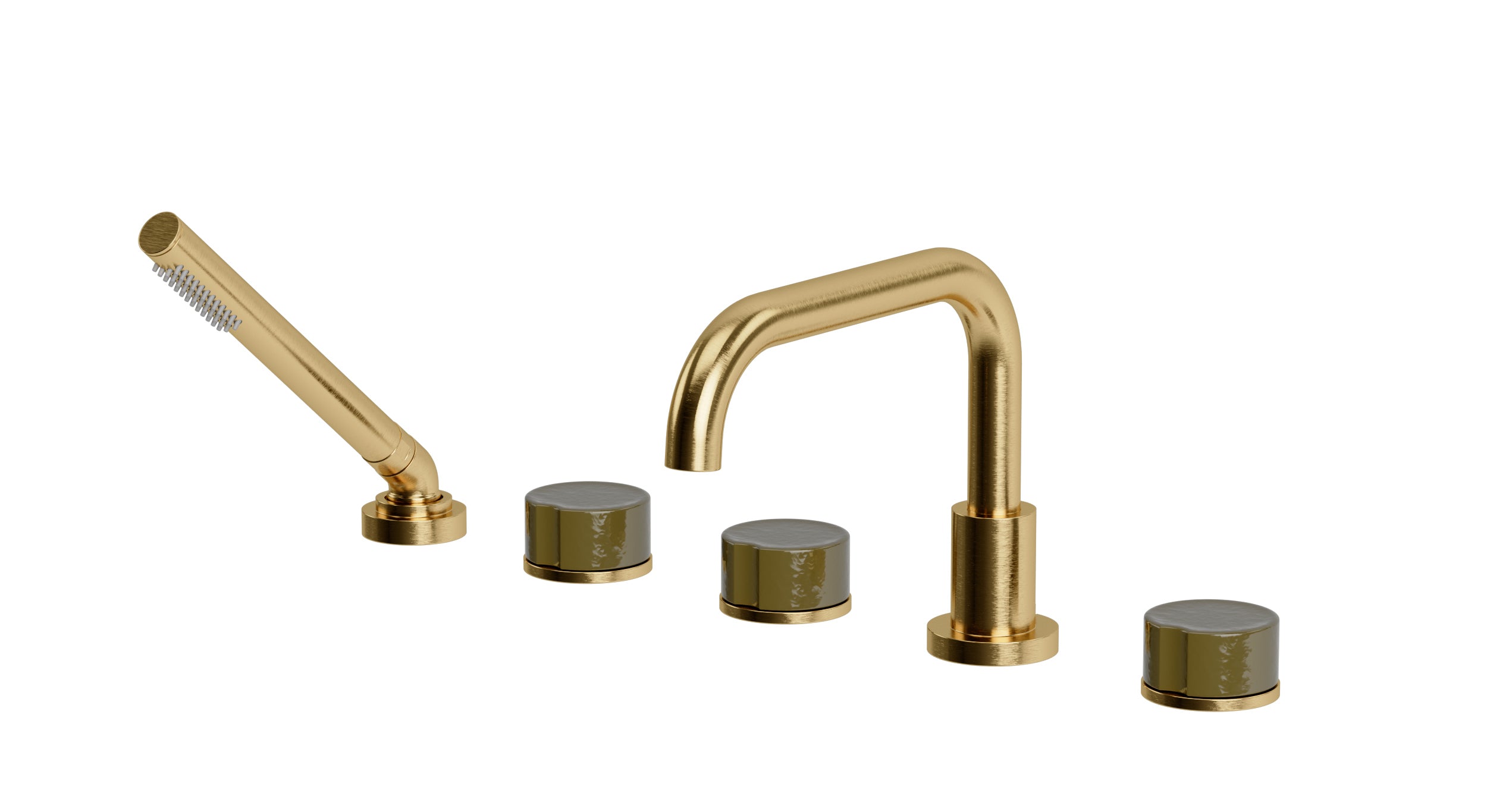 Foundry Three Handle Deck Mount Squaretop Bath Trim with Hand Shower and Groove Ceramic Knob Handles in Satin Brass