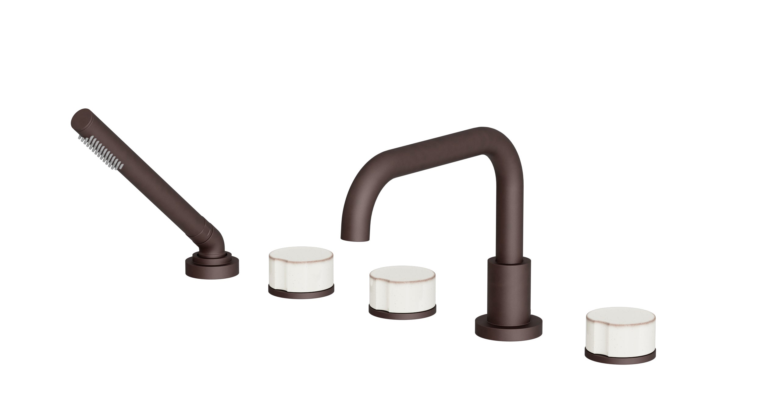 Foundry Three Handle Deck Mount Squaretop Bath Trim with Hand Shower and Groove Ceramic Knob Handles in Architectural Copper