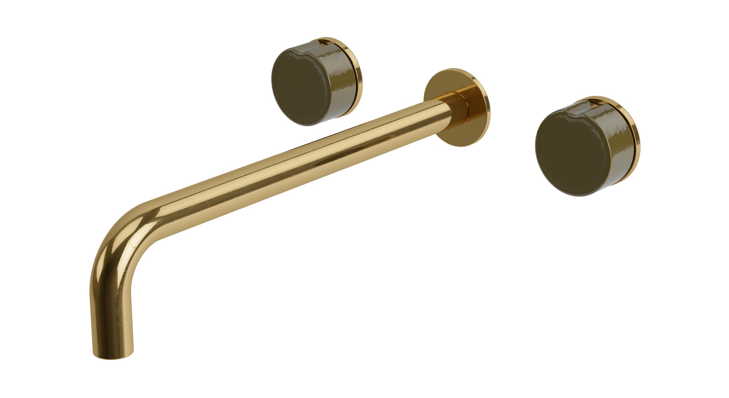 Foundry Two Handle Wall Mount 12" Lavatory Faucet with Groove Ceramic Knob Handles in Uncoated Polished Brass