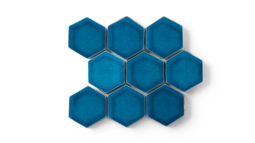 3" Hexagon Sheeted Original Ceramic Mosaic Tile in Adriatic Sea Gloss