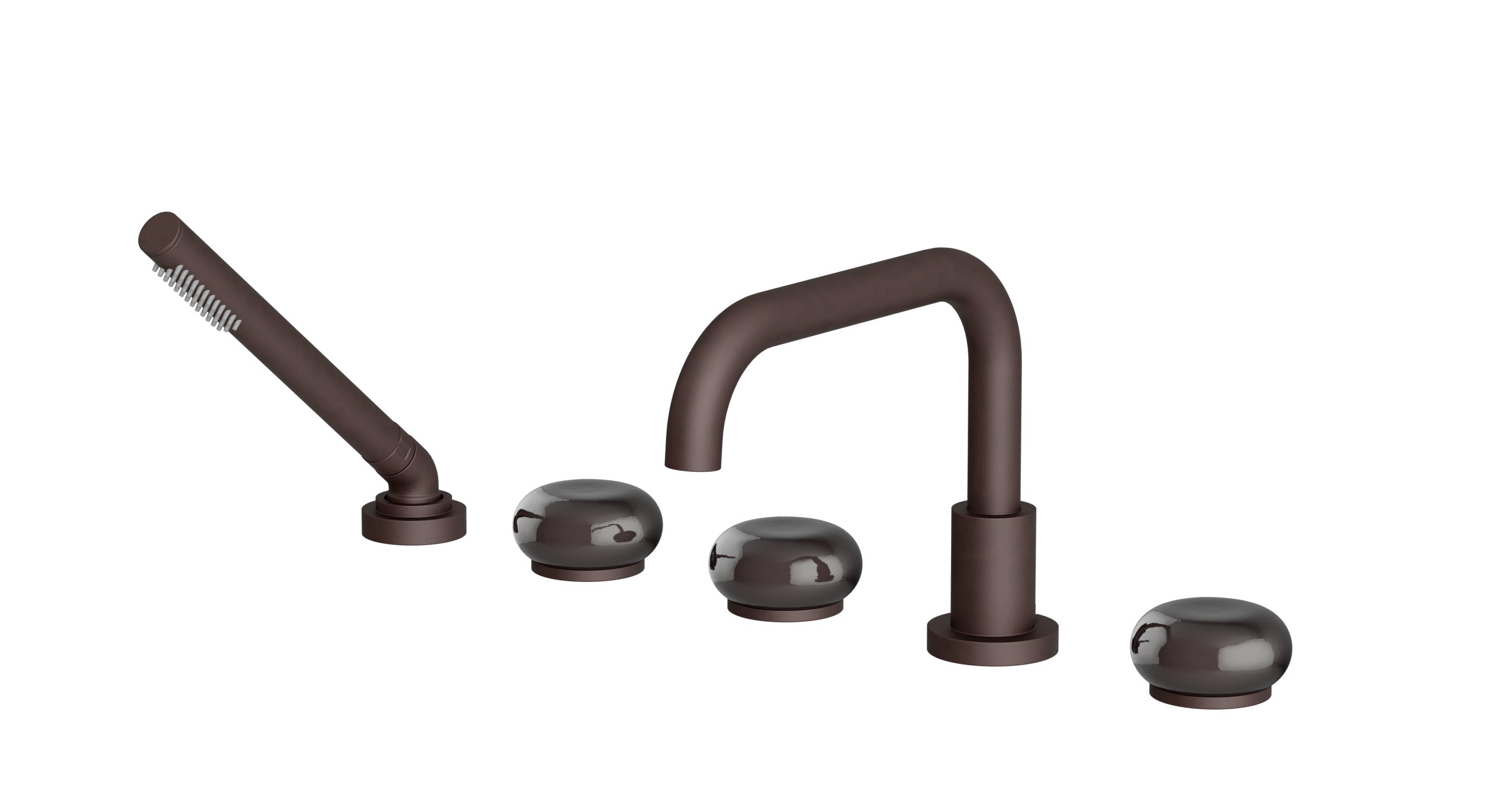 Foundry Three Handle Deck Mount Squaretop Bath Trim with Hand Shower and Pebble Ceramic Knob Handles in Architectural Copper
