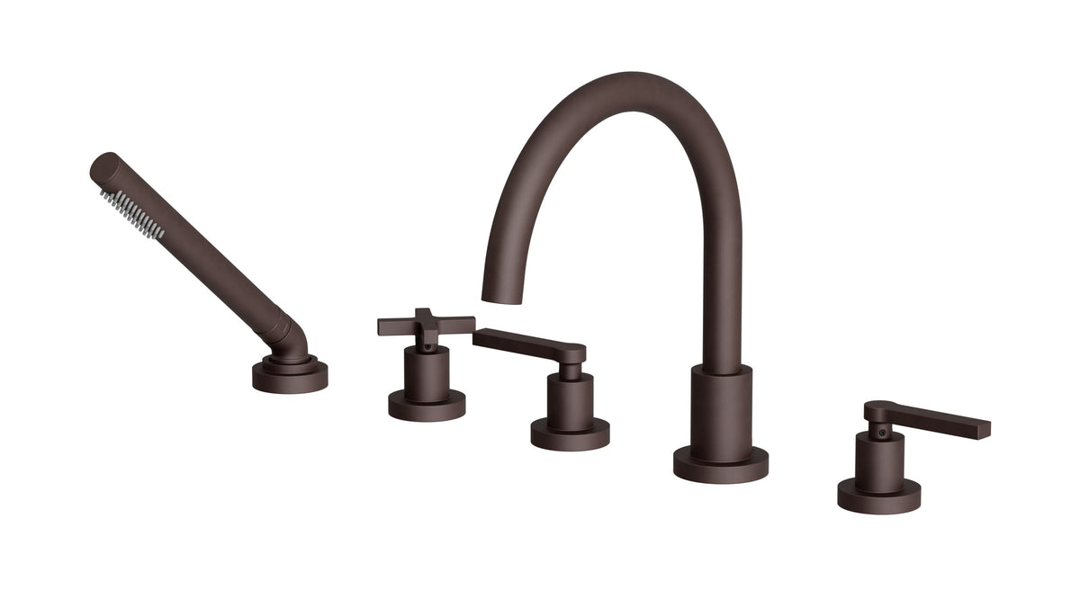 Flatiron Three Handle Deck Mount Gooseneck Bath Trim with Hand Shower and Linear Cross/Linear Lever Handles in Architectural Copper
